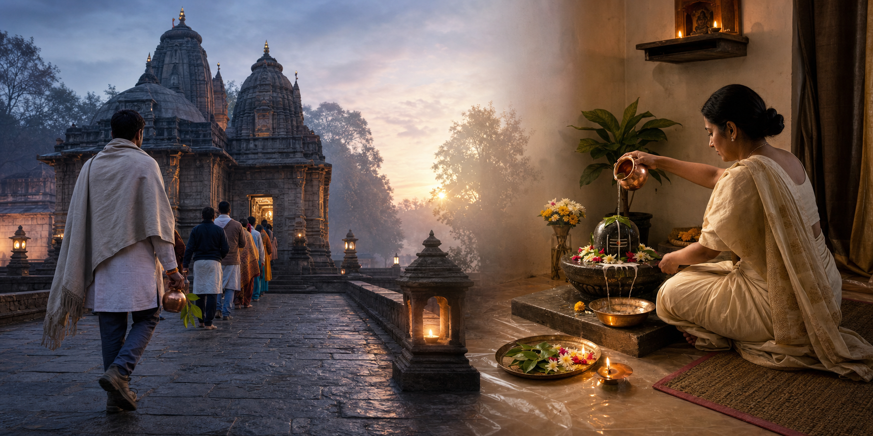 An orderly temple pilgrimage and a quiet home abhisheka are shown side by side as two ways of observing Maha Shivaratri.