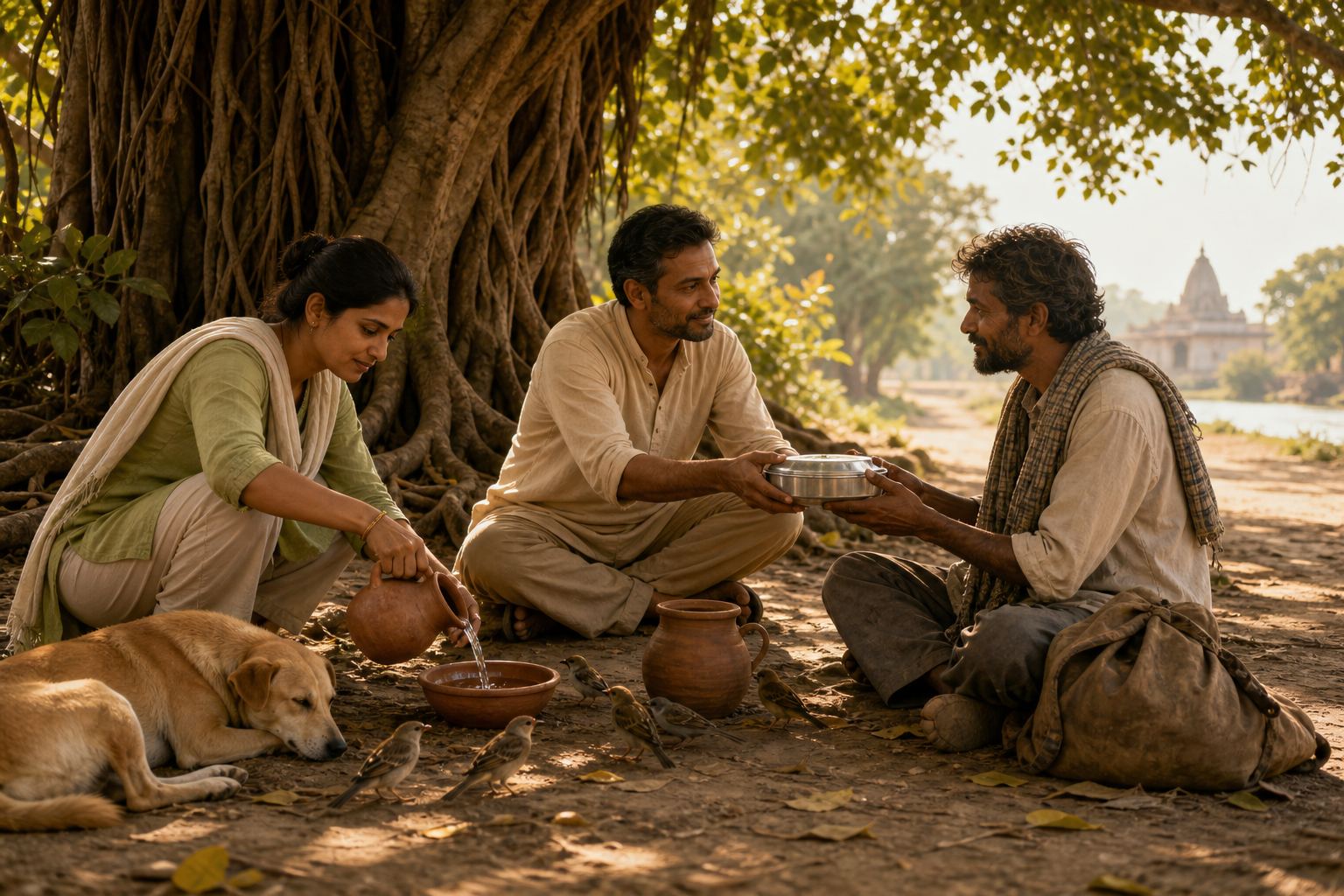 People gather beneath a banyan tree as one person offers food to a seated traveler and another fills water bowls for birds and a dog.