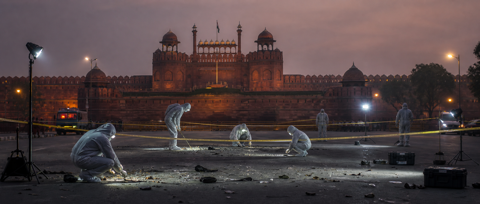 Forensic investigators examine a cordoned roadway near the red-sandstone walls of Delhi's Red Fort at dusk.