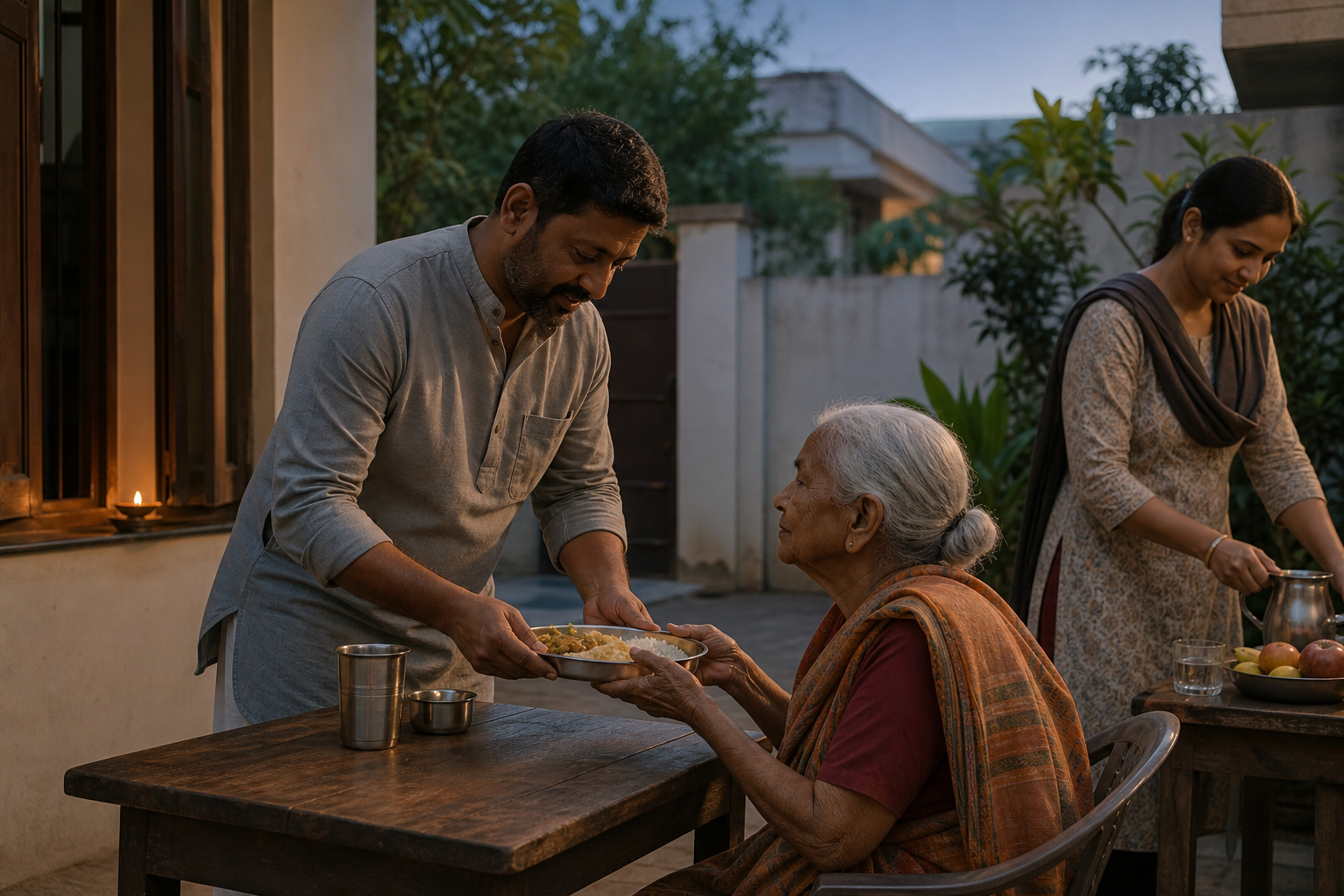 An adult serves a meal to an elderly neighbor in a courtyard while a small oil lamp glows on a distant windowsill.