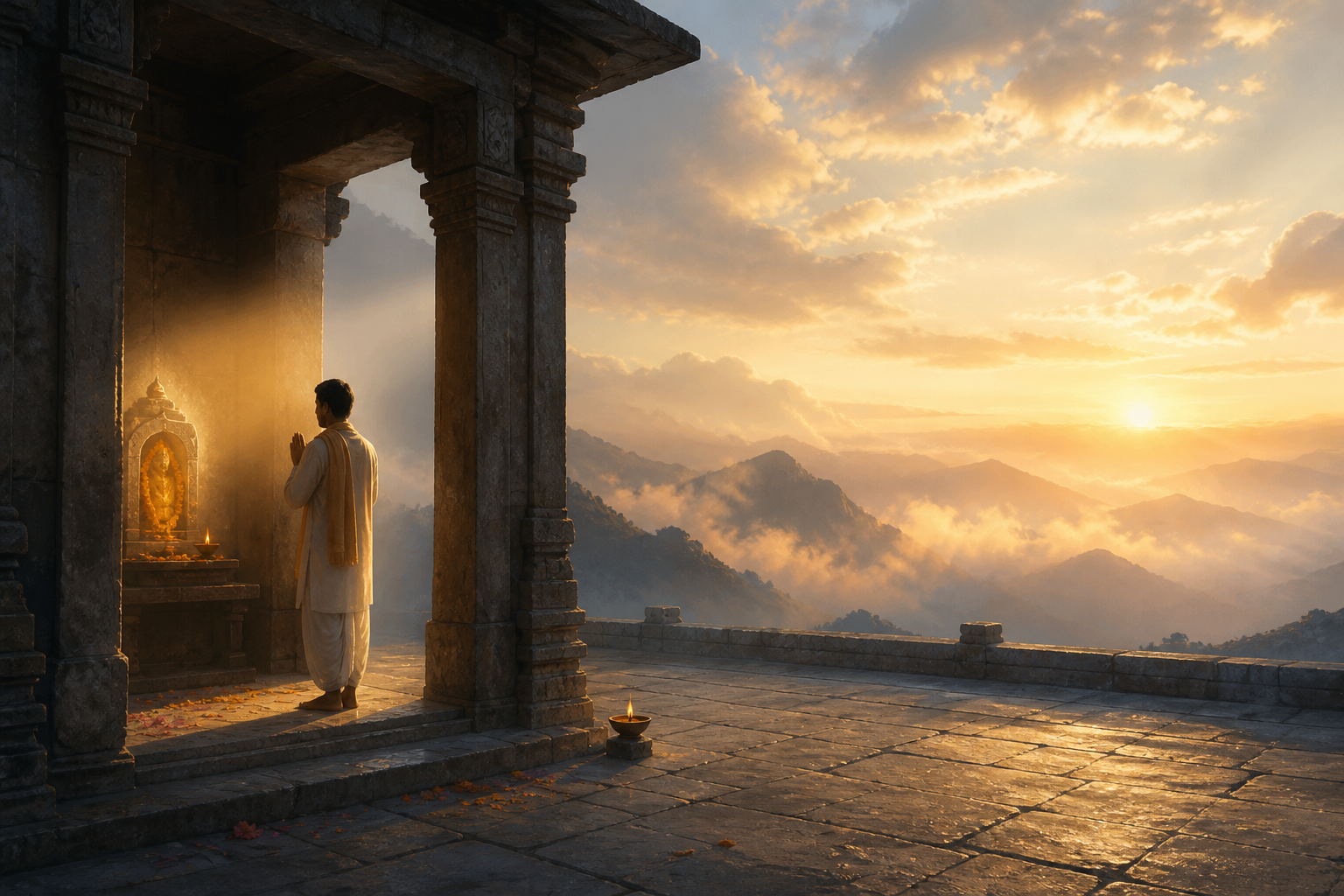 A devotee stands at a temple threshold facing a small illuminated shrine while golden light continues into an expansive sky and distant mountains.