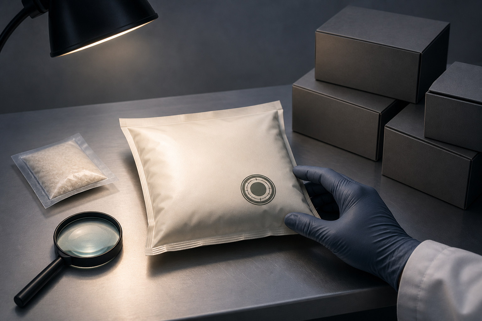 An unbranded sealed food package sits with inspection tools and closed boxes representing information that a certification mark does not disclose.