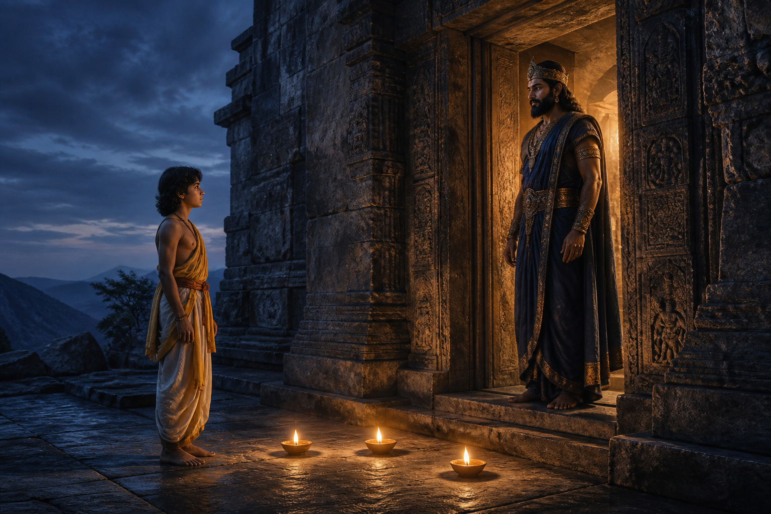 Young Naciketas stands fearlessly before the regal figure of Yama at a lamplit stone threshold at twilight.