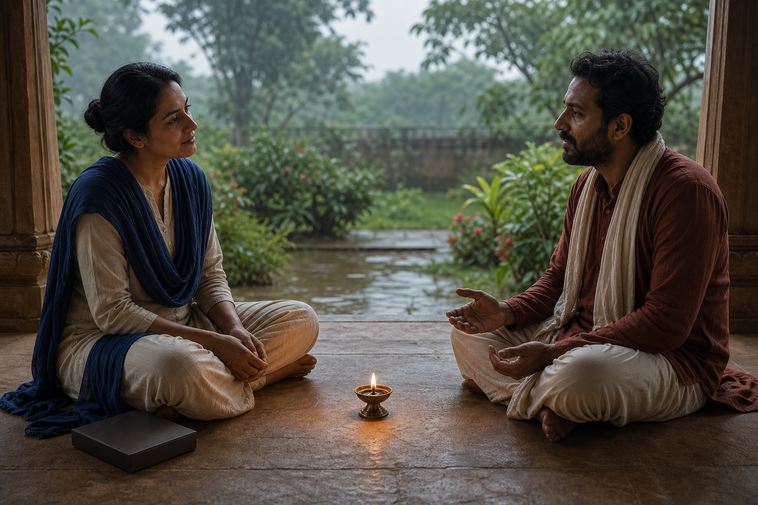 Two adults sit at equal height on a veranda, one listening attentively while a small oil lamp glows between them and a closed book rests nearby.