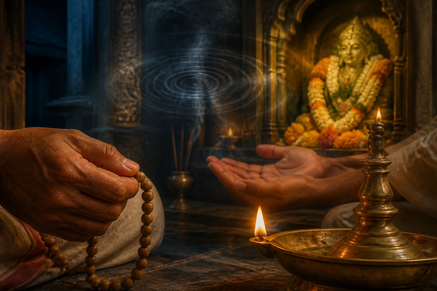 Prayer beads, open hands, incense haze, and a flower-adorned murti appear together in a softly lit temple interior.