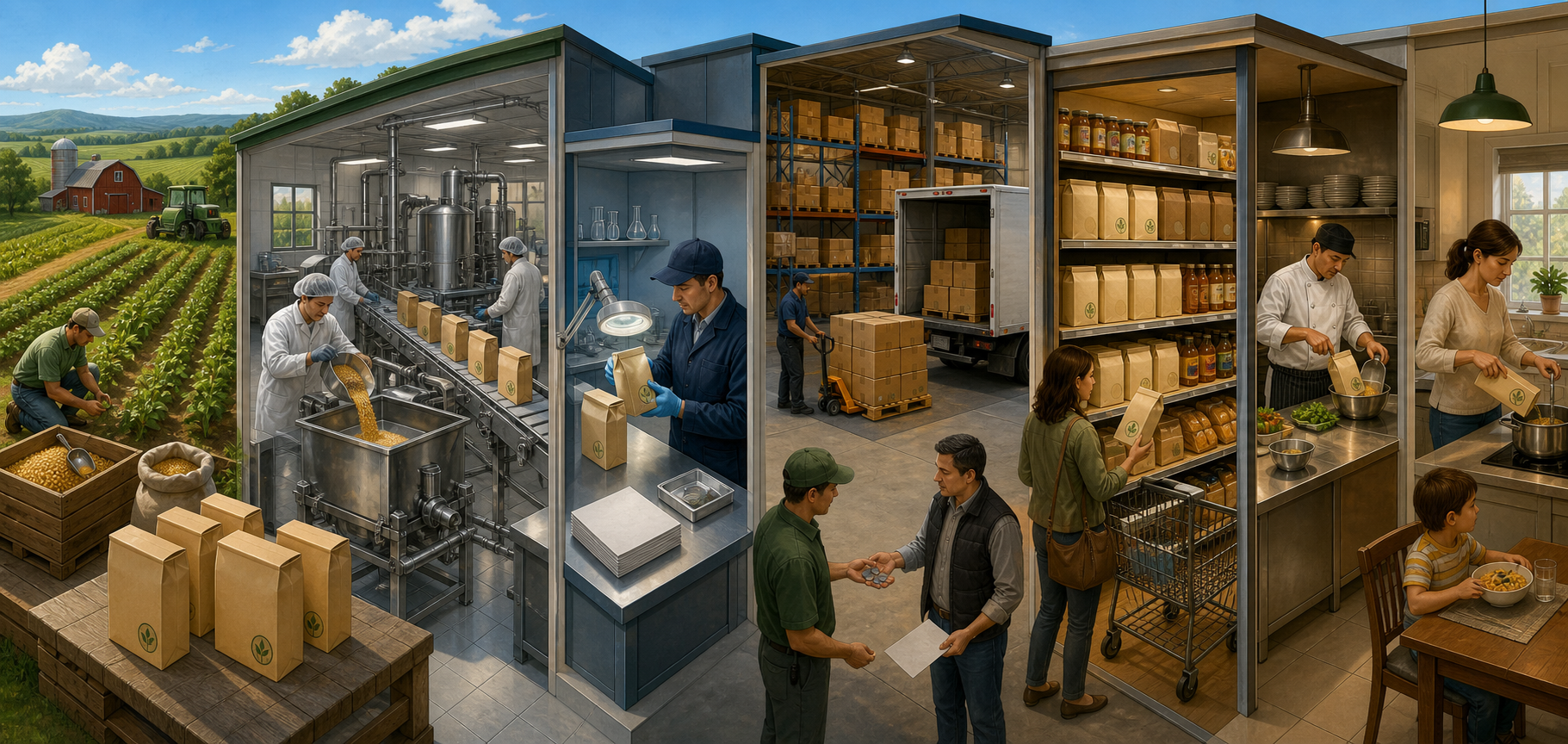 A food product moves from farm and processing through inspection, distribution, retail, and a household, with certified and uncertified choices visible at the store.