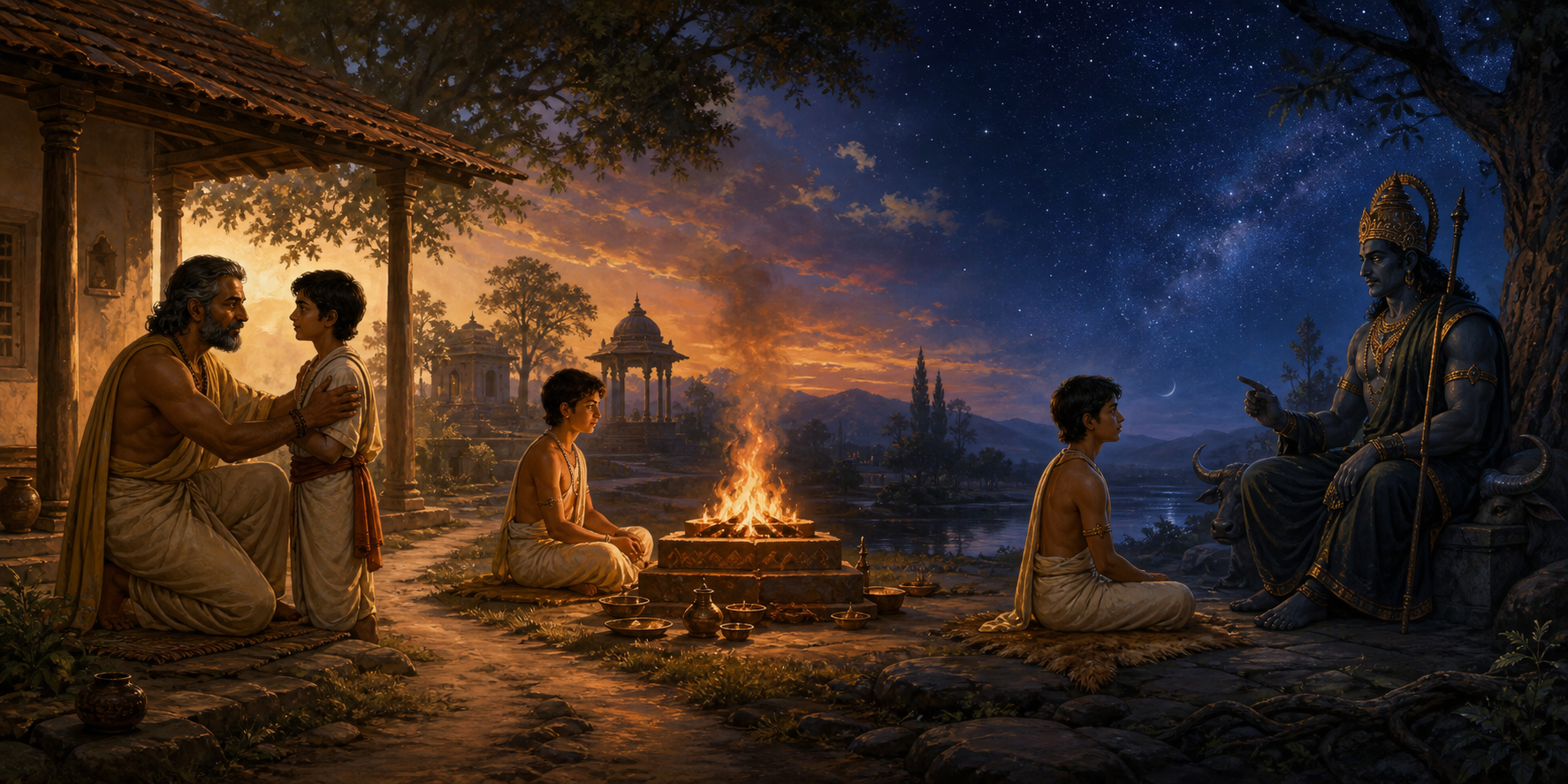 A continuous scene shows Naciketas reconciling with his father, attending a sacred fire, and sitting before Yama for spiritual instruction.