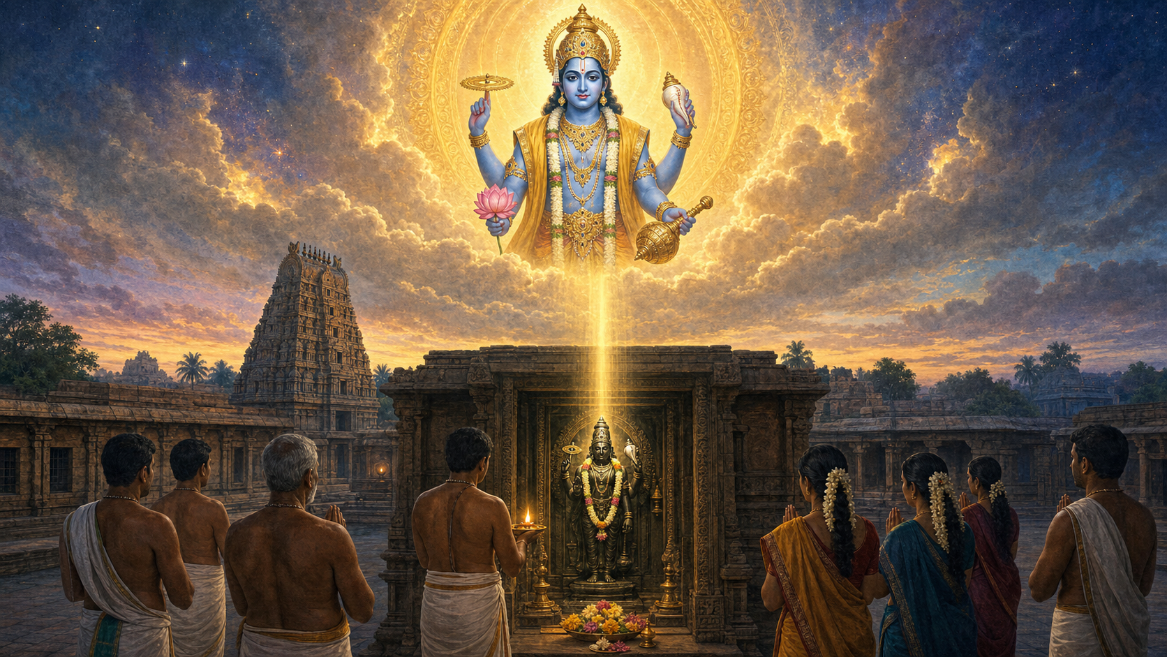 Vishnu bearing a conch, discus, mace, and lotus appears above a temple where devotees offer a lamp and flowers before a stone Vishnu murti.