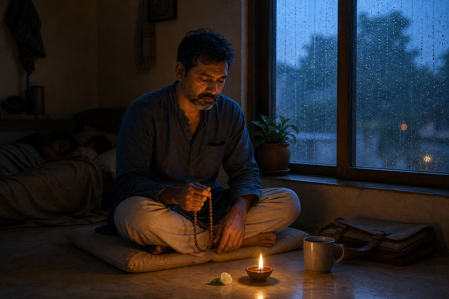A slightly tired devotee maintains a simple predawn prayer practice beside an oil lamp, beads, a work bag, and a rain-streaked window.