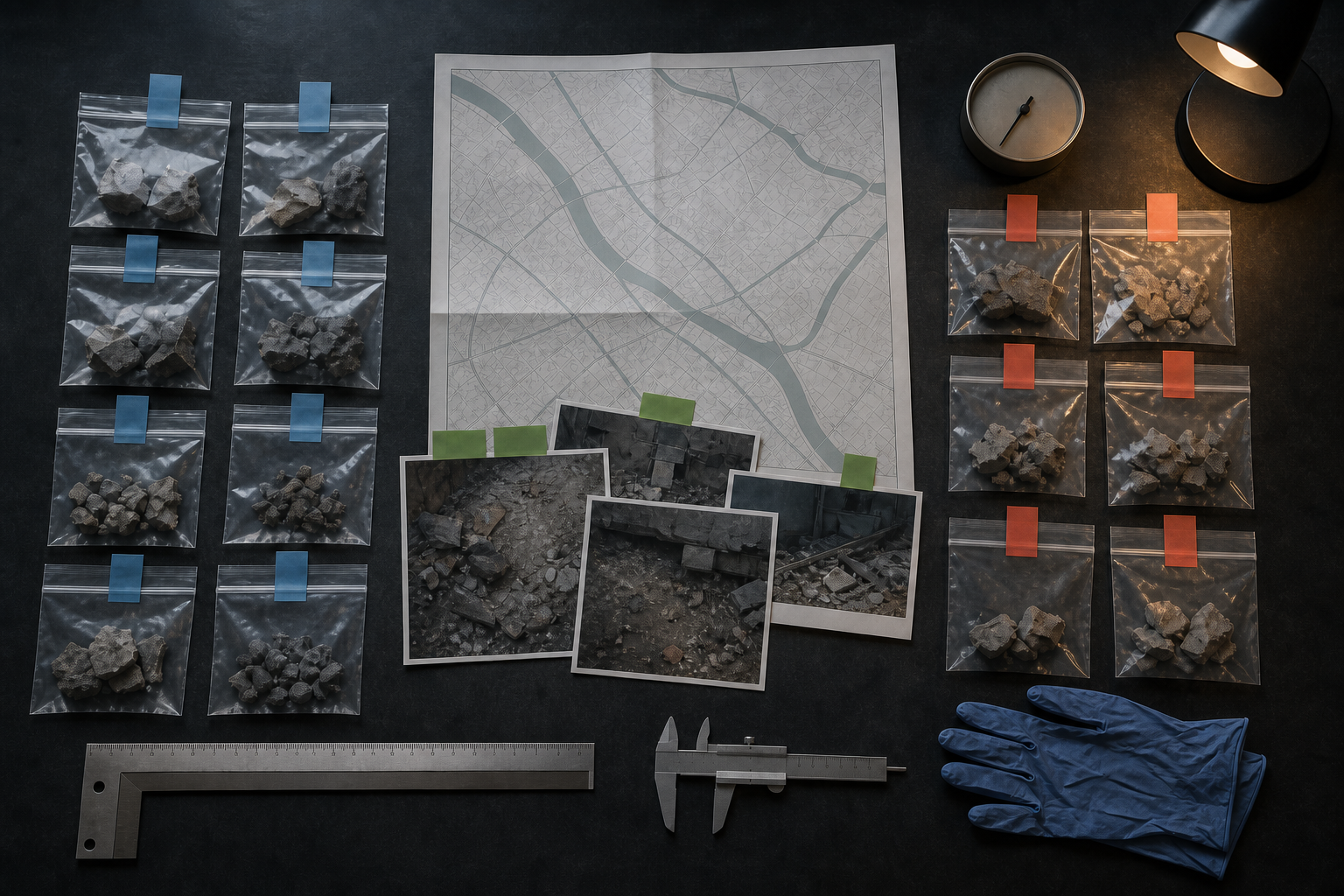 An investigation desk with sealed evidence pouches, gloves, photographs, a magnifying lens, and empty folders arranged in separate groups.