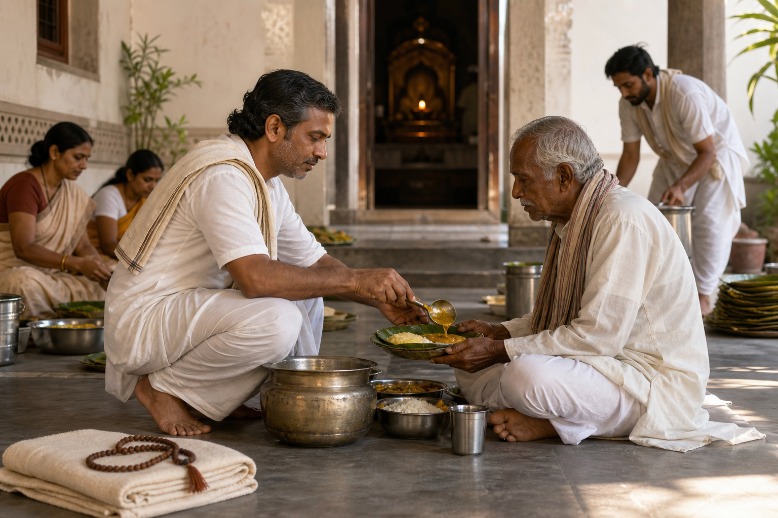 A devotee serves a meal to an elderly visitor in a temple courtyard while other volunteers prepare bowls and water nearby.
