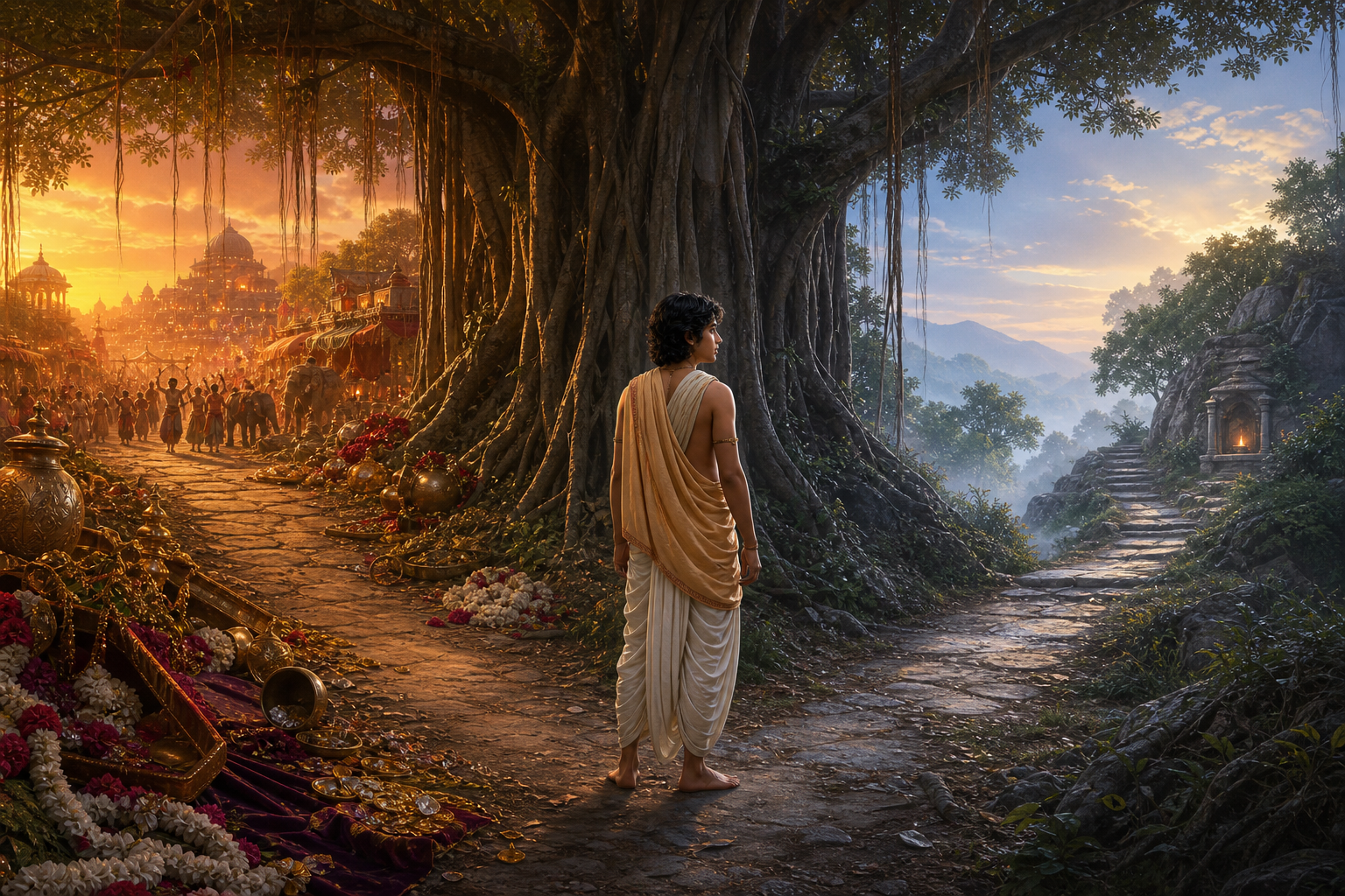 Naciketas chooses a quiet ascending forest path while a brighter path filled with luxury and festivities recedes behind him.