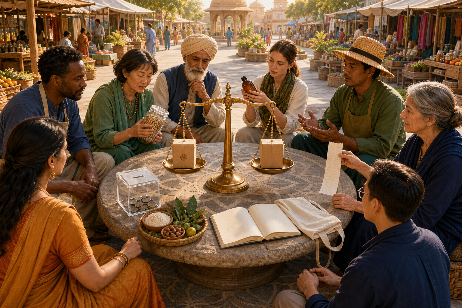 Consumers, producers, a retailer, and an inspector gather around balanced certified and uncertified products in an open marketplace.