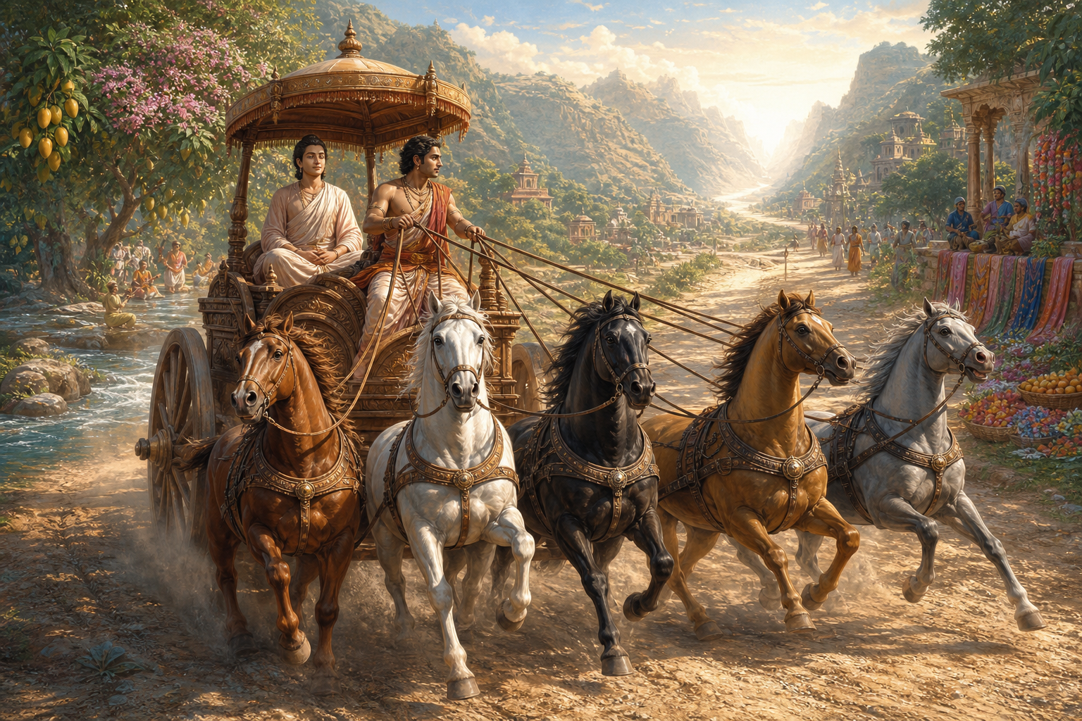 A calm charioteer uses gathered reins to guide five energetic horses carrying a serene passenger along a sunlit road.