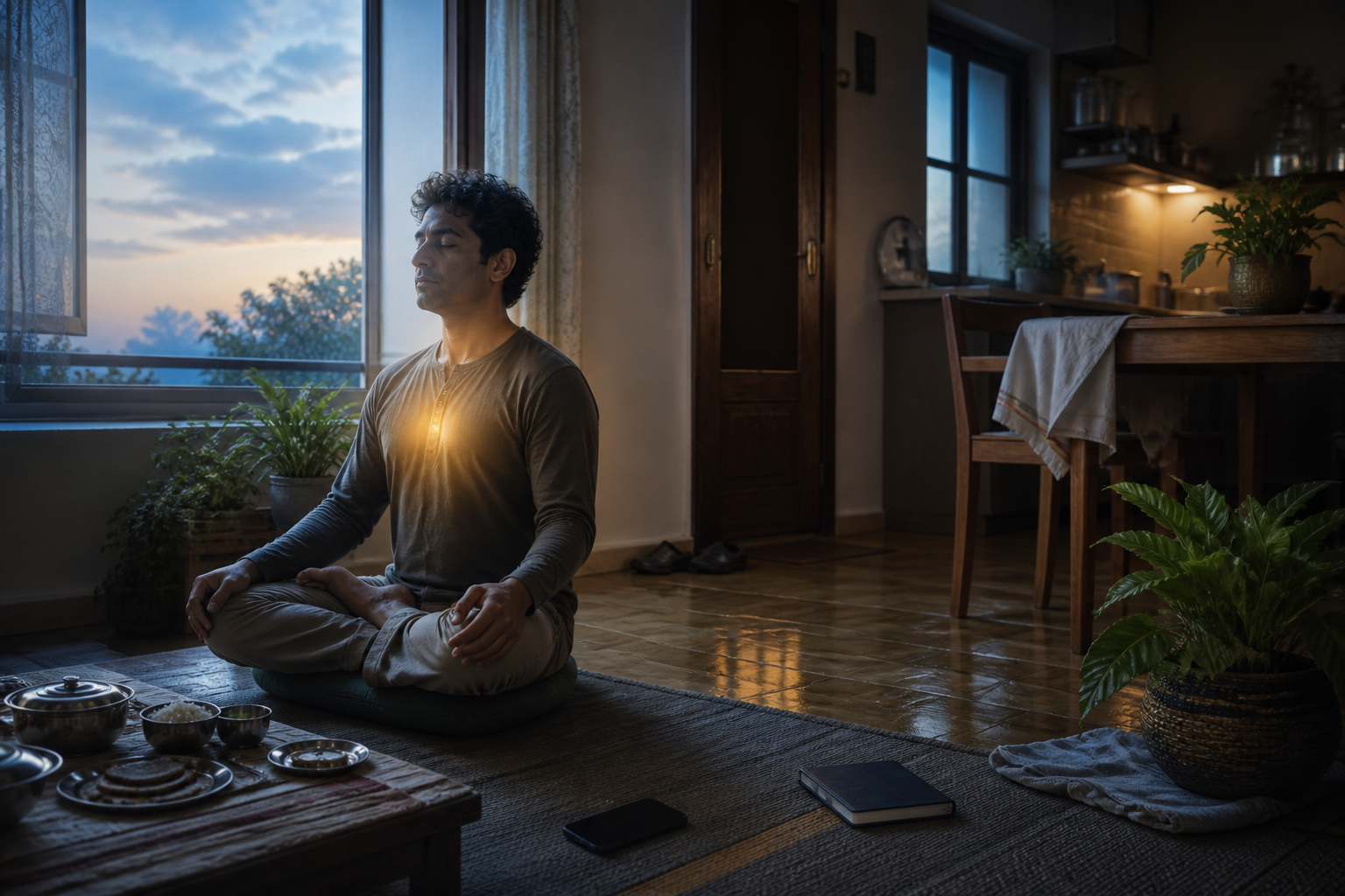 An adult meditates beside an open window at dawn in a simple home containing ordinary objects and signs of daily responsibilities.
