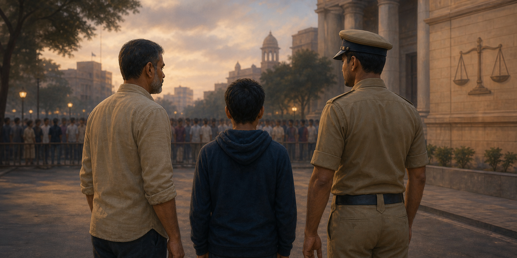 A police officer and an adult shield an unidentified teenager from an indistinct crowd near a courthouse-like building.
