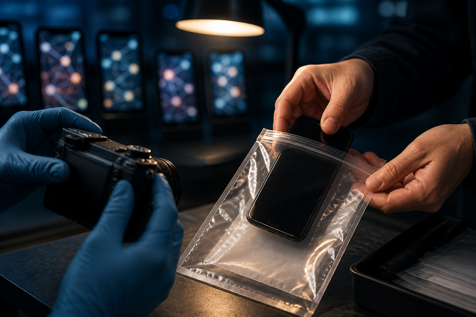 Gloved hands place a smartphone into a transparent evidence pouch while blurred phones glow in the background.
