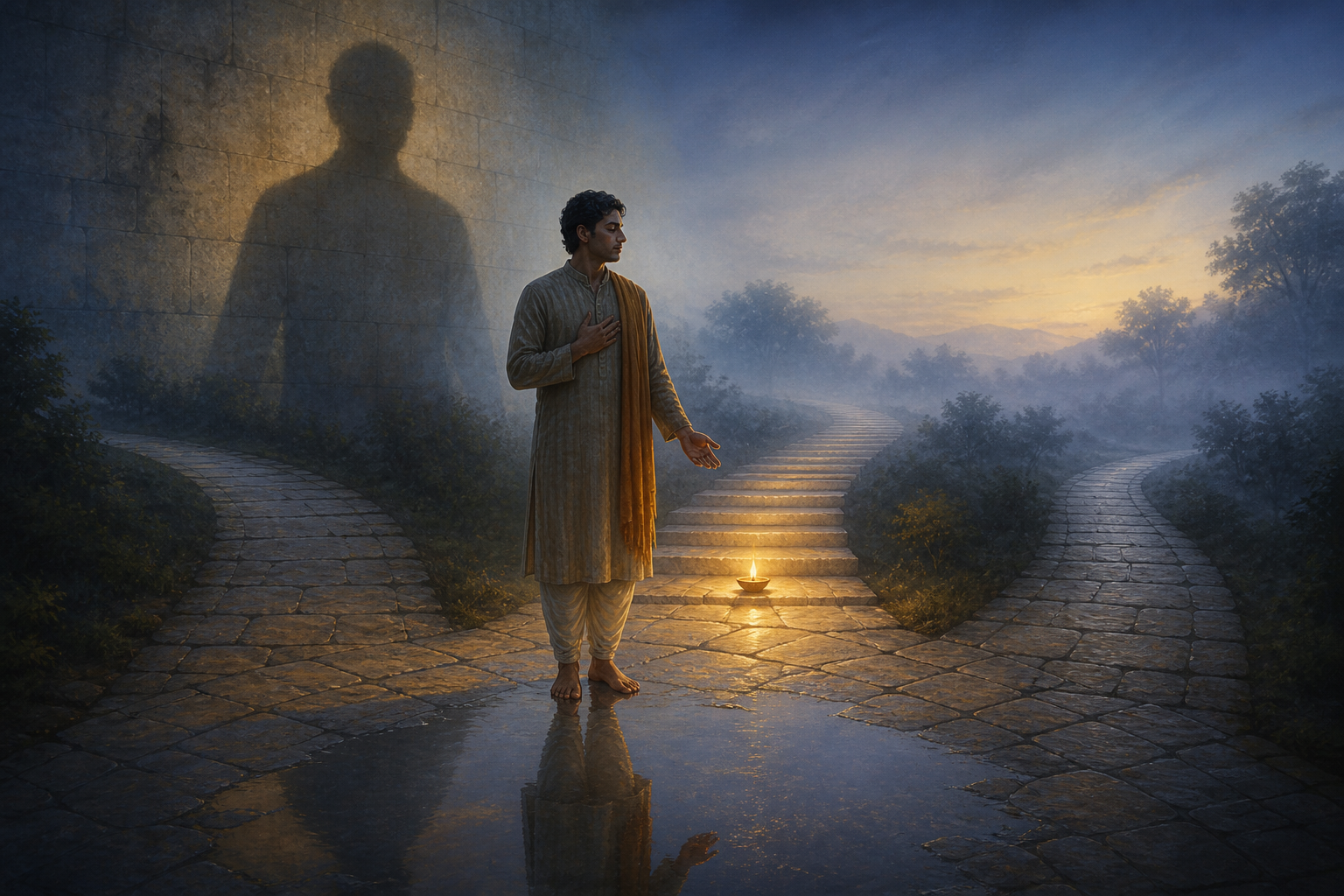 A contemplative person stands where three courtyard paths divide, with a small oil lamp illuminating the middle path and a long shadow cast behind them.