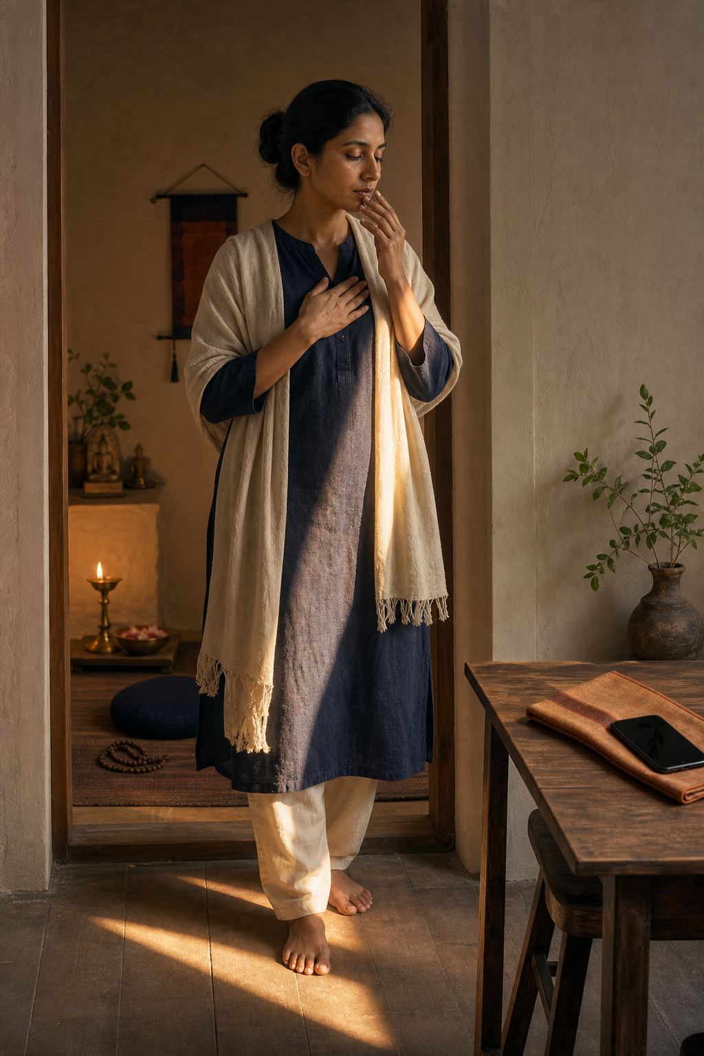 A South Asian practitioner pauses between a home shrine and a sunlit living space with one hand near the heart and the other near the lips.