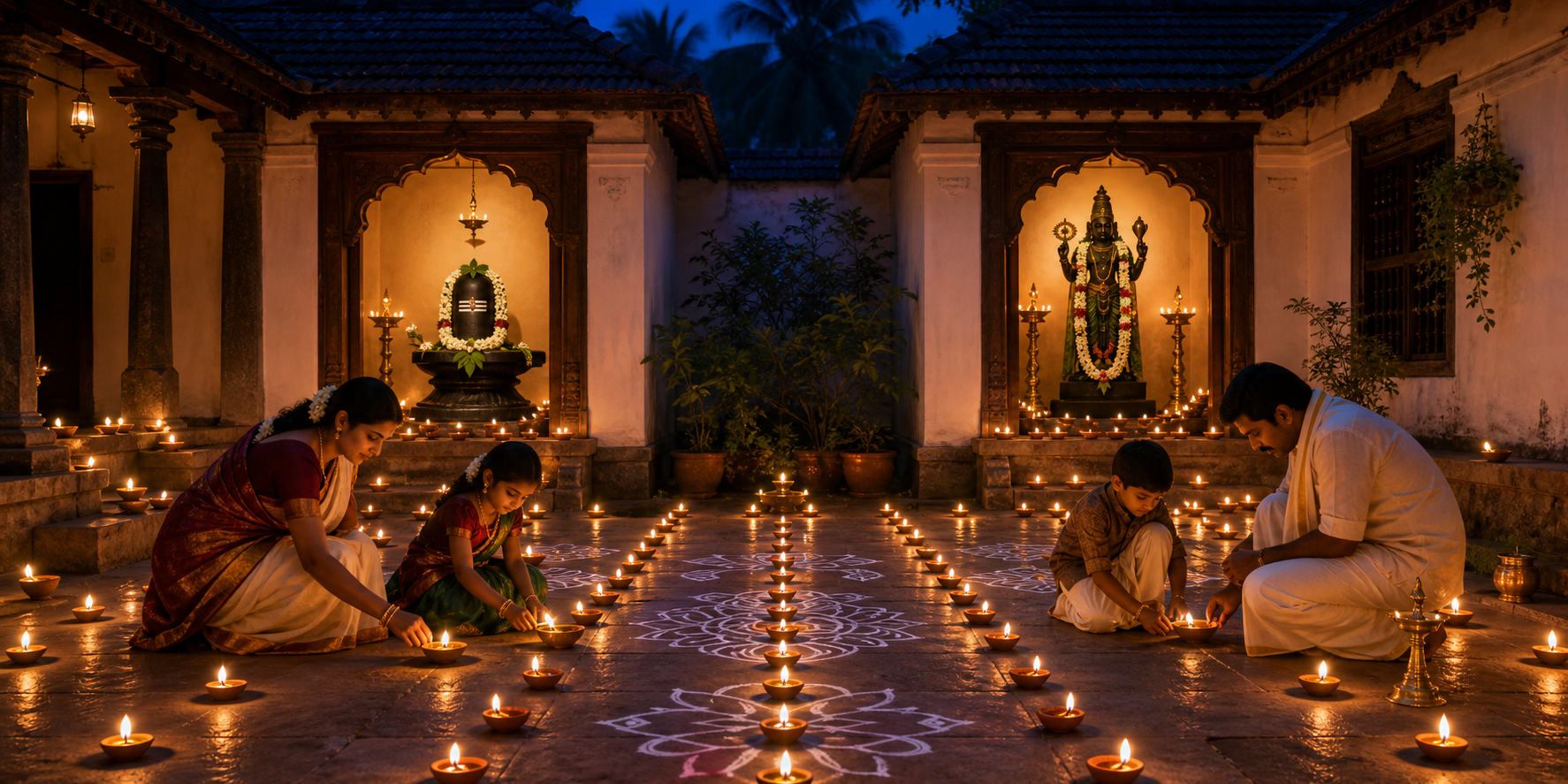 Rows of clay oil lamps illuminate a Tamil courtyard with separate Shiva and Vishnu shrine alcoves decorated with sacred leaves and flowers.