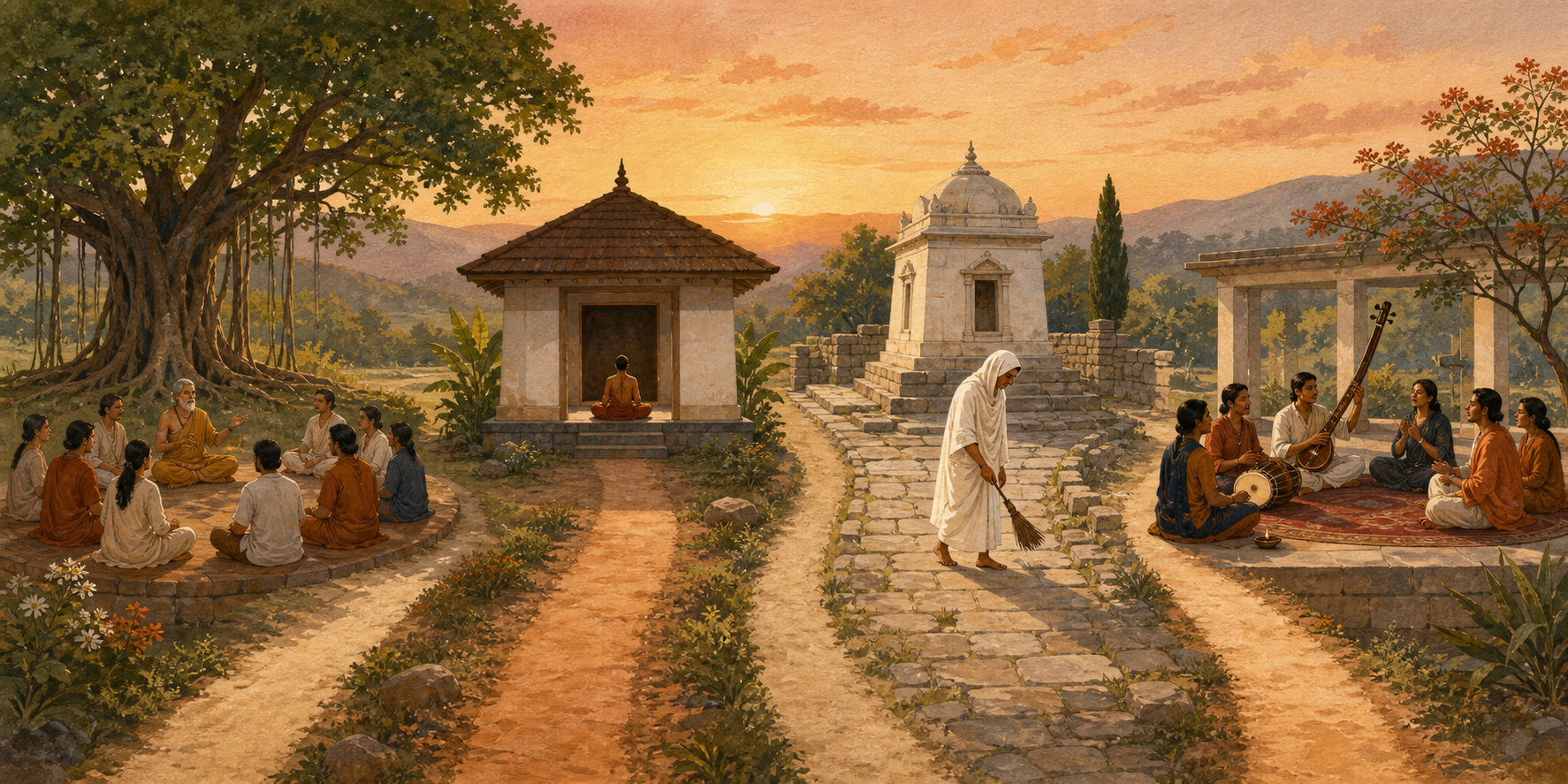 Four separate paths cross one dawn landscape, passing a banyan gathering, a meditation hall, a quiet ascetic in a stone courtyard, and a seated music gathering.