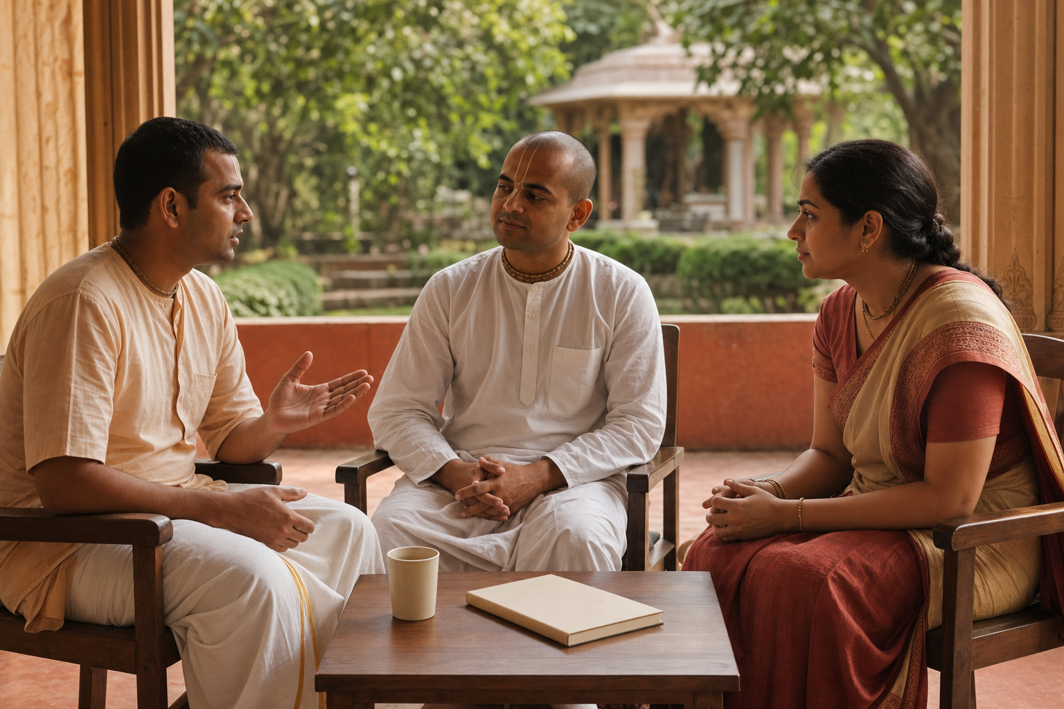 Two Vaishnava community members speak with a neutral facilitator on a quiet veranda during a calm conflict-resolution meeting.