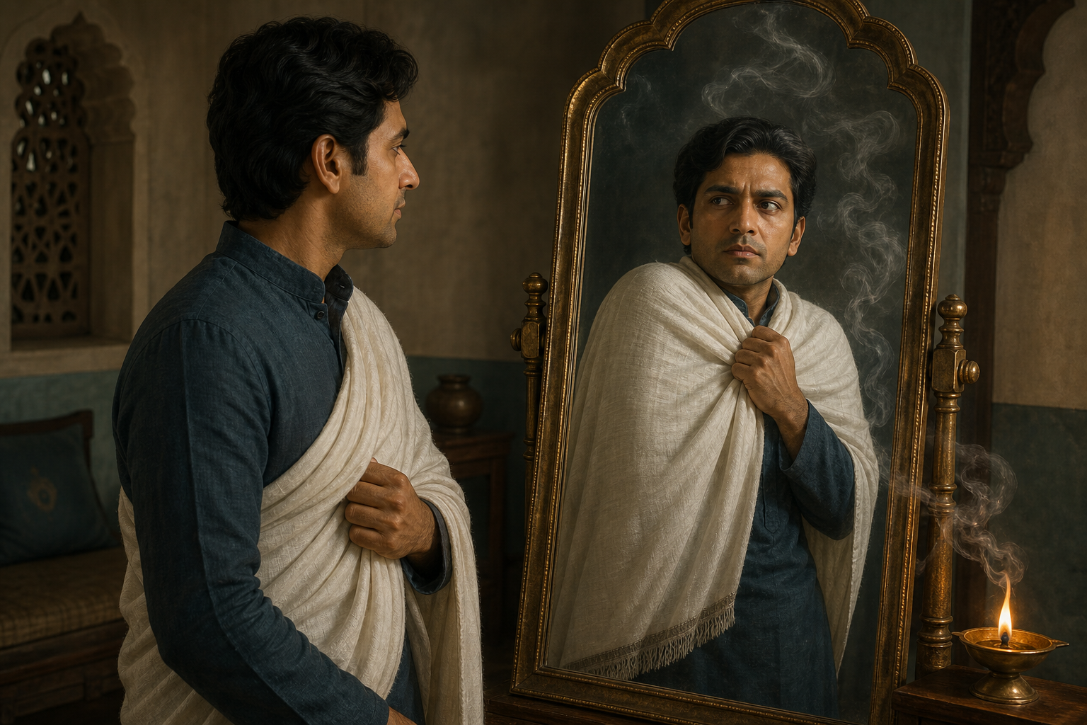 A person holding a white shawl looks into a brass mirror, where the reflection shows a tense grip and raised shoulders.