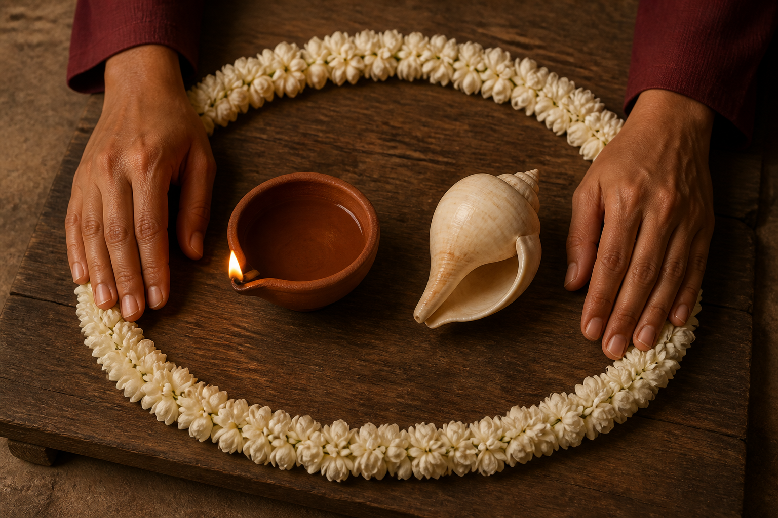 Two hands, a clay oil lamp, a conch shell, and a circular jasmine garland form a unified still-life arrangement.