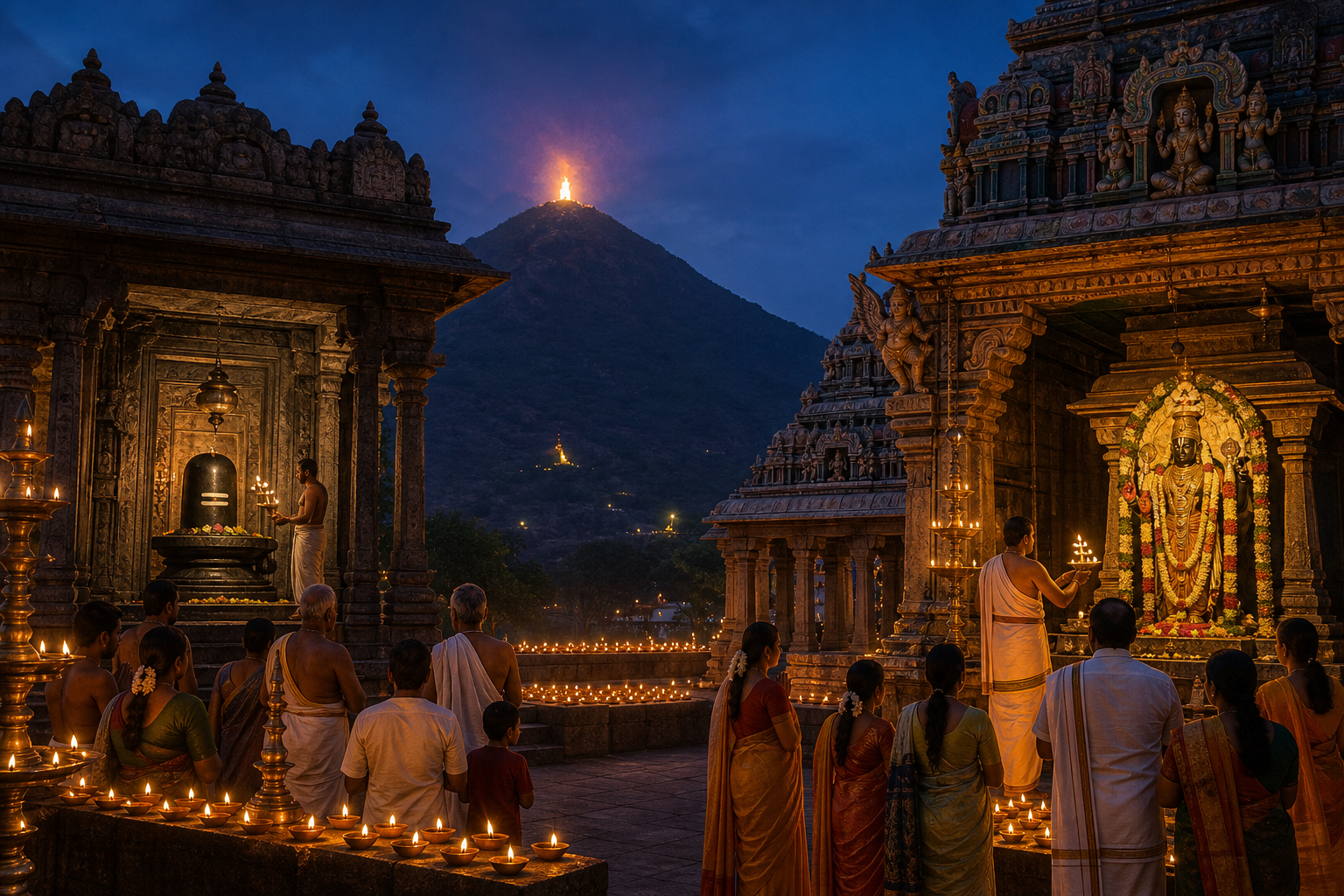 A paired scene shows a Shaiva celebration beneath the Arunachala beacon and a Vaishnava lamp offering before a Vishnu shrine.