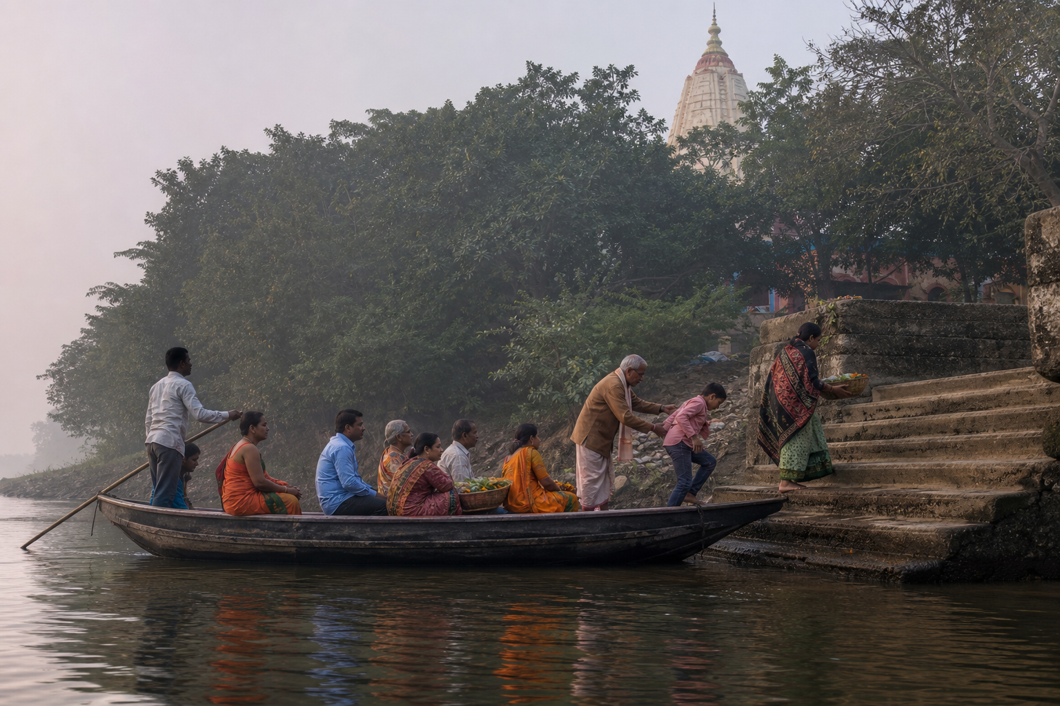 Pilgrims in a wooden boat approach the landing steps of Dhabaleswar Island on the Mahanadi River.