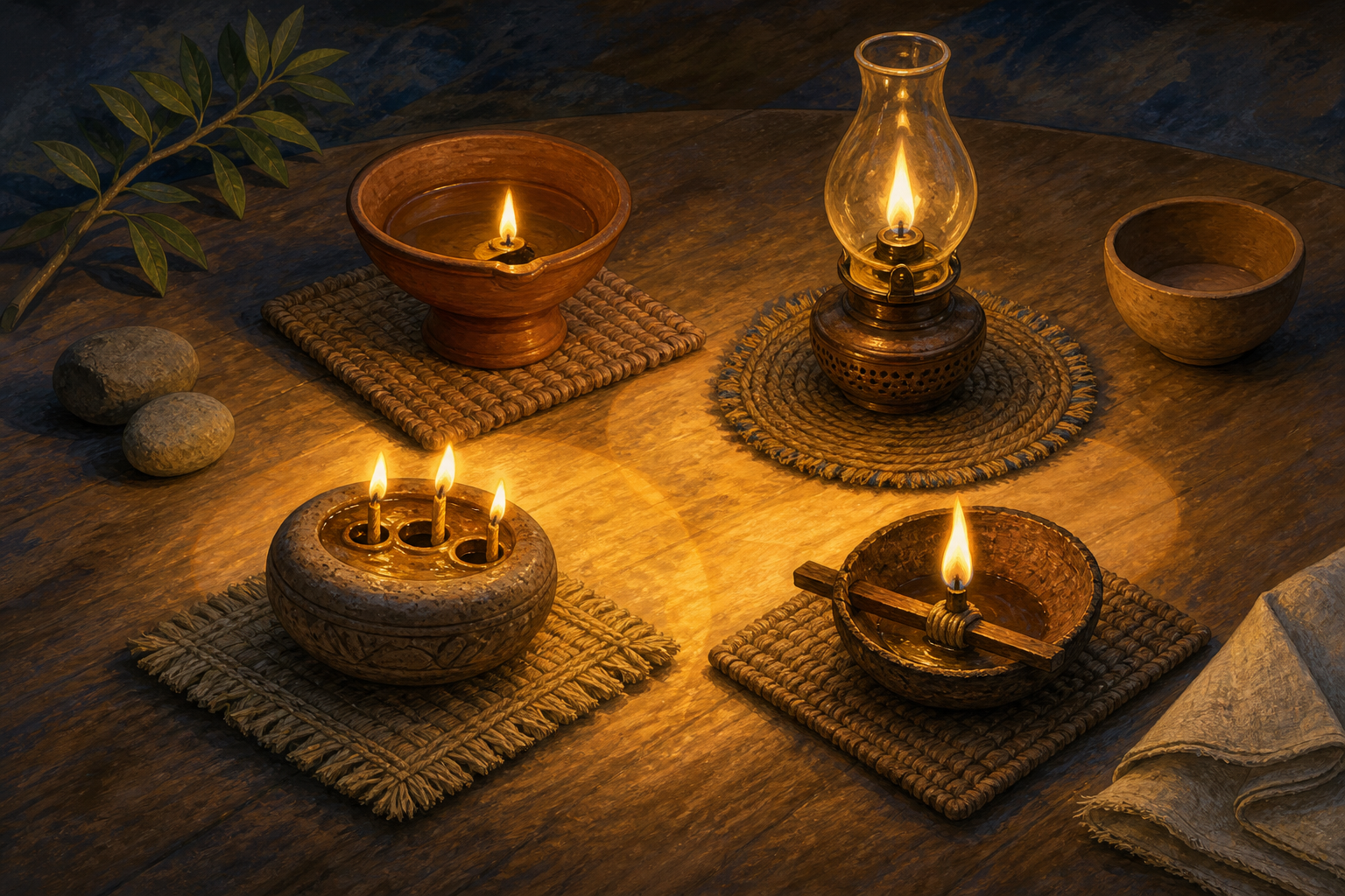 Four differently shaped handmade lamps stand on separate woven mats and cast overlapping circles of light across a wooden table.