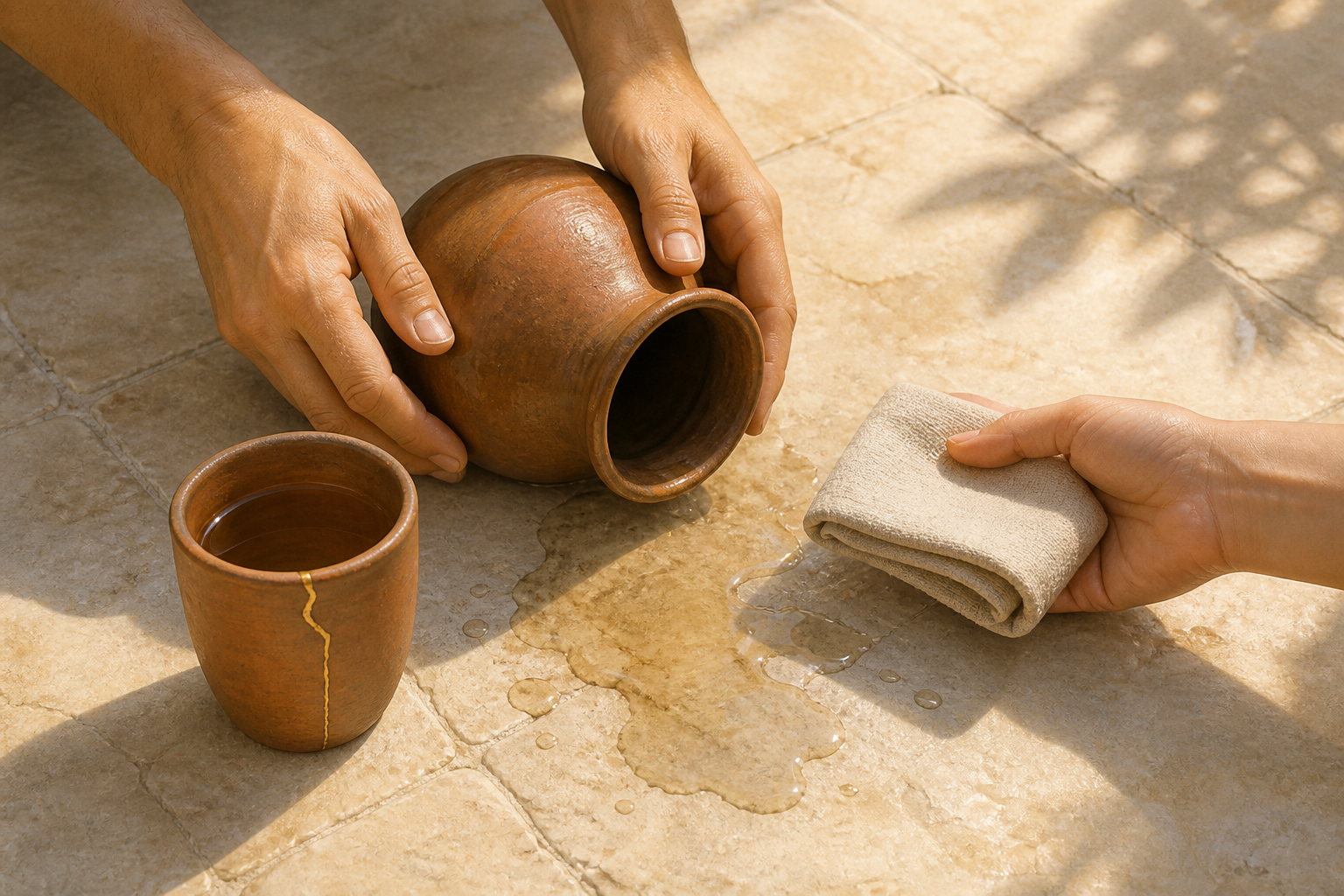 Hands set a tipped clay vessel upright and clean spilled water beside a cup with a visible repaired seam.