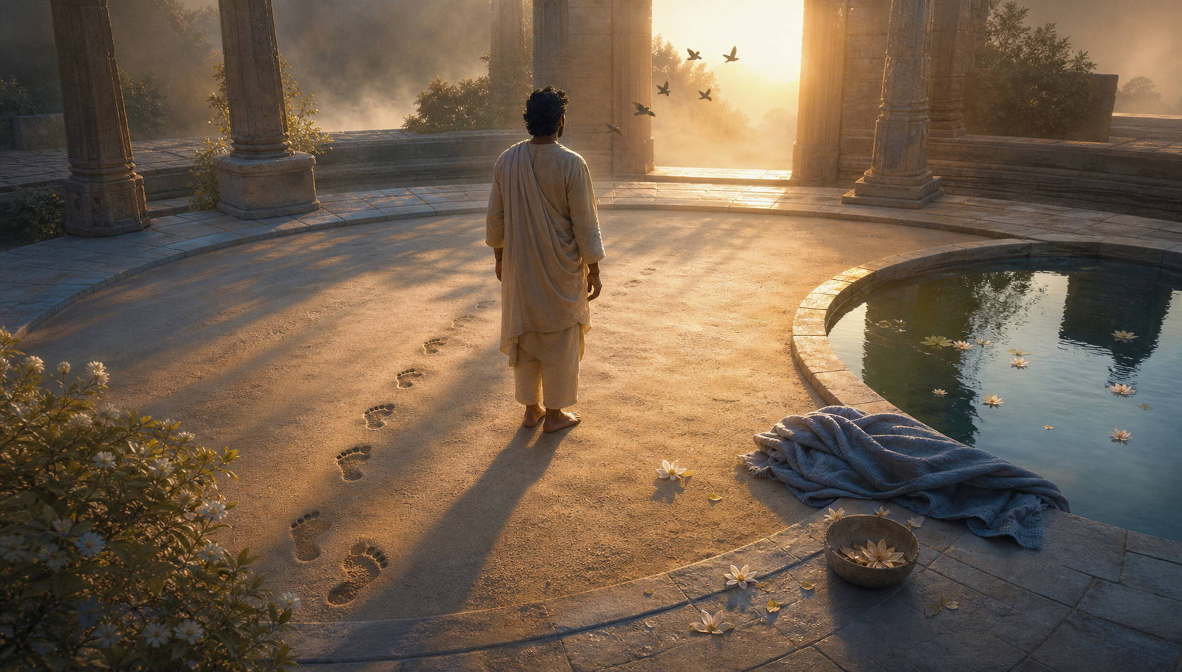 A person stands in a circular stone courtyard surrounded by footprints, a lifted flower, a reflecting pool, and birds rising near the face.