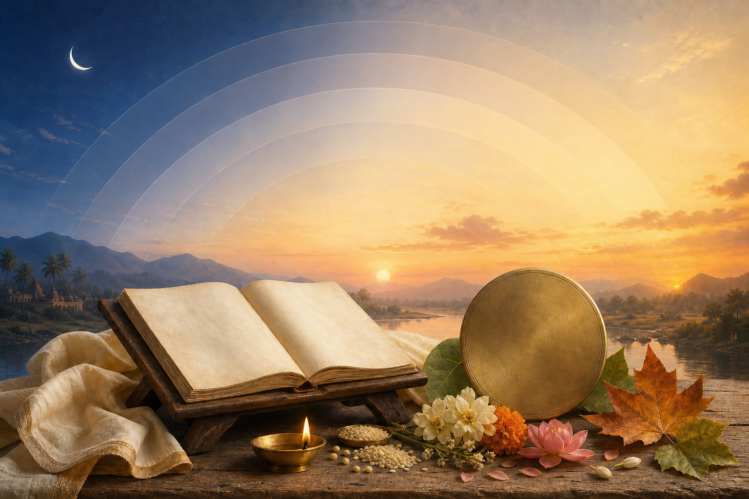 An open traditional almanac, brass timekeeping disk, lamp, flowers, seasonal leaves, sunlit horizon, and crescent moon arranged to represent layered forms of time.