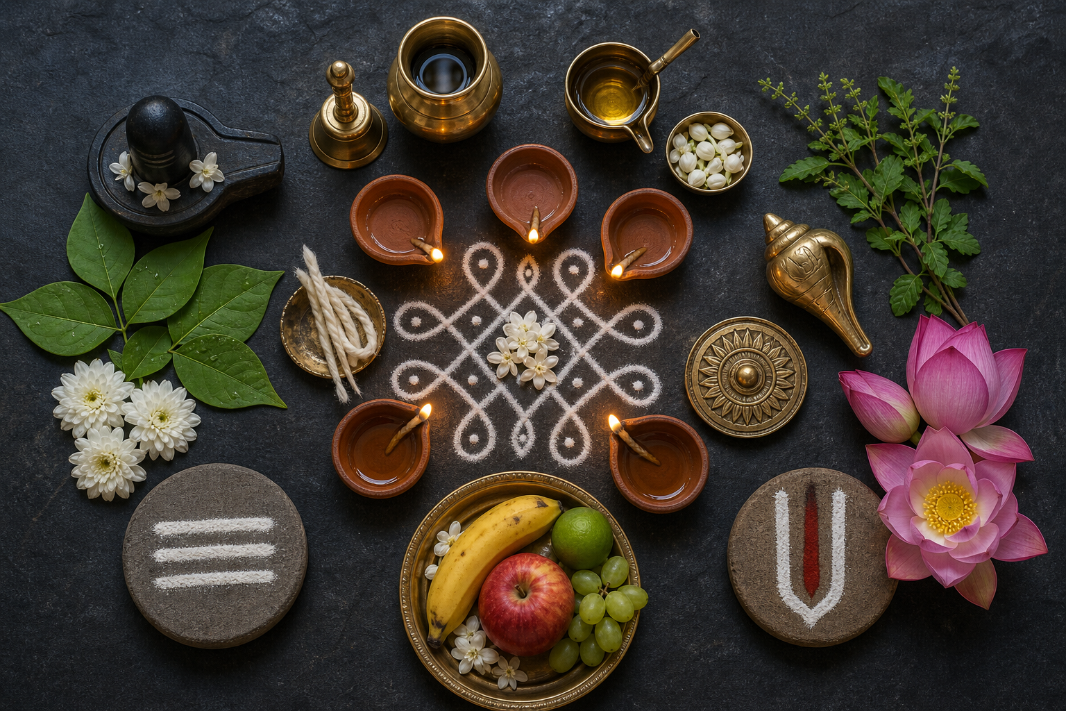 An overhead arrangement of clay lamps and common offerings is flanked by bilva leaves and a lingam on one side and tulasi, a conch, and Vishnu emblems on the other.