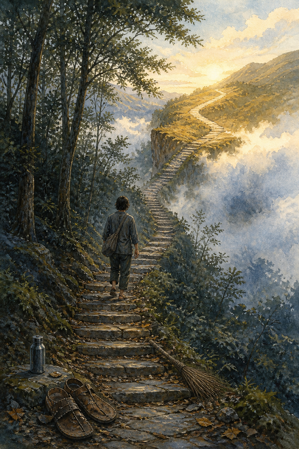 A lone practitioner climbs a long stepped path through a shaded forest and emerges above low clouds into clear morning light.