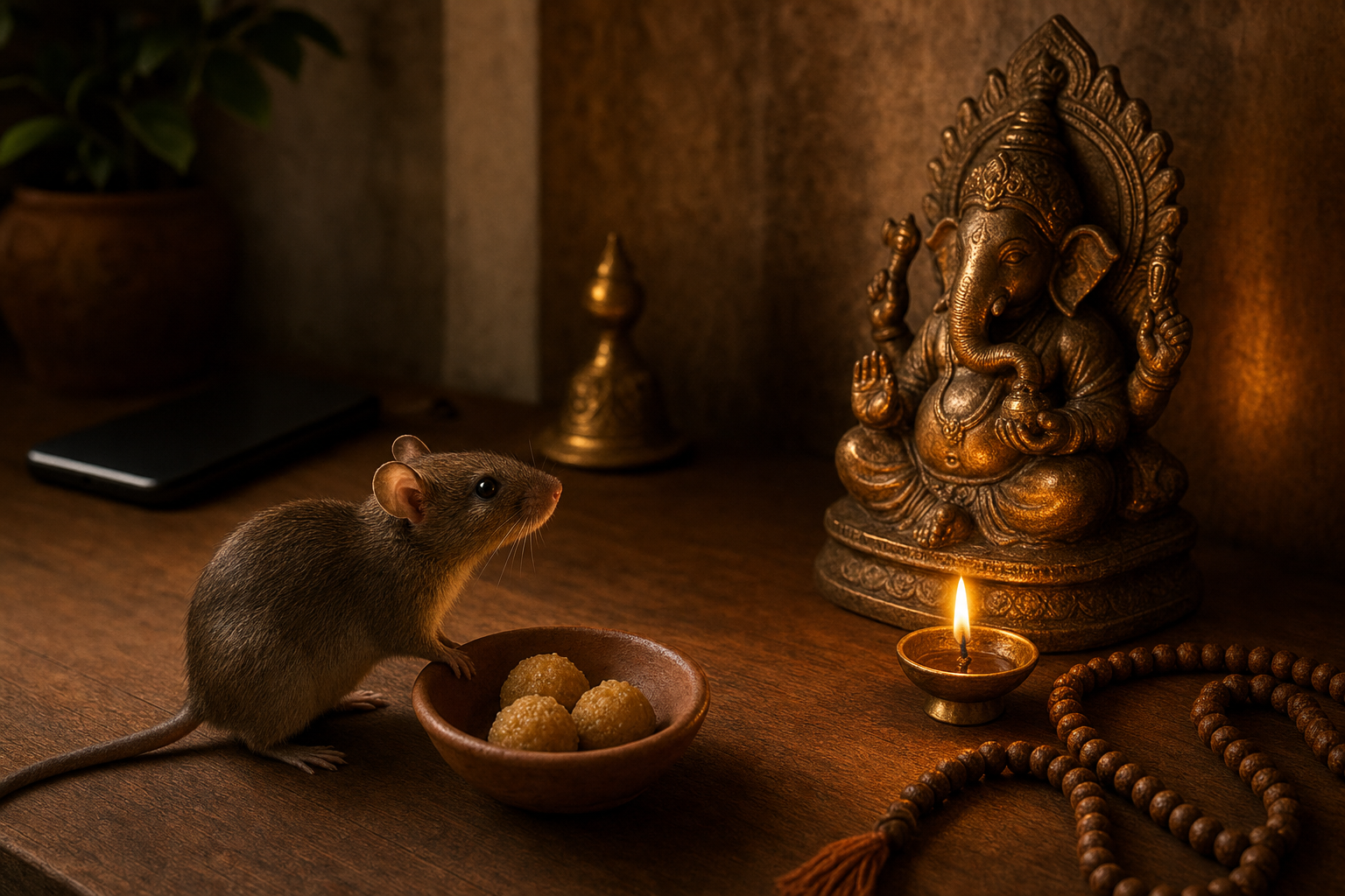 A small mouse turns from a bowl of sweets toward a bronze Ganesha figure on a home altar beside prayer beads and a face-down phone.