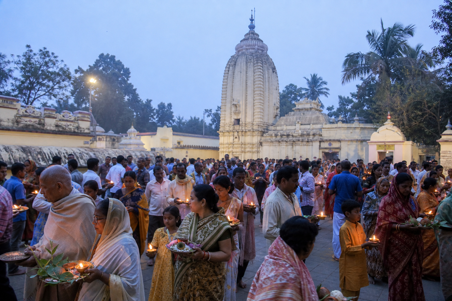 Devotees carrying lamps and offerings gather outside Dhabaleswar Temple during the Kartika season.