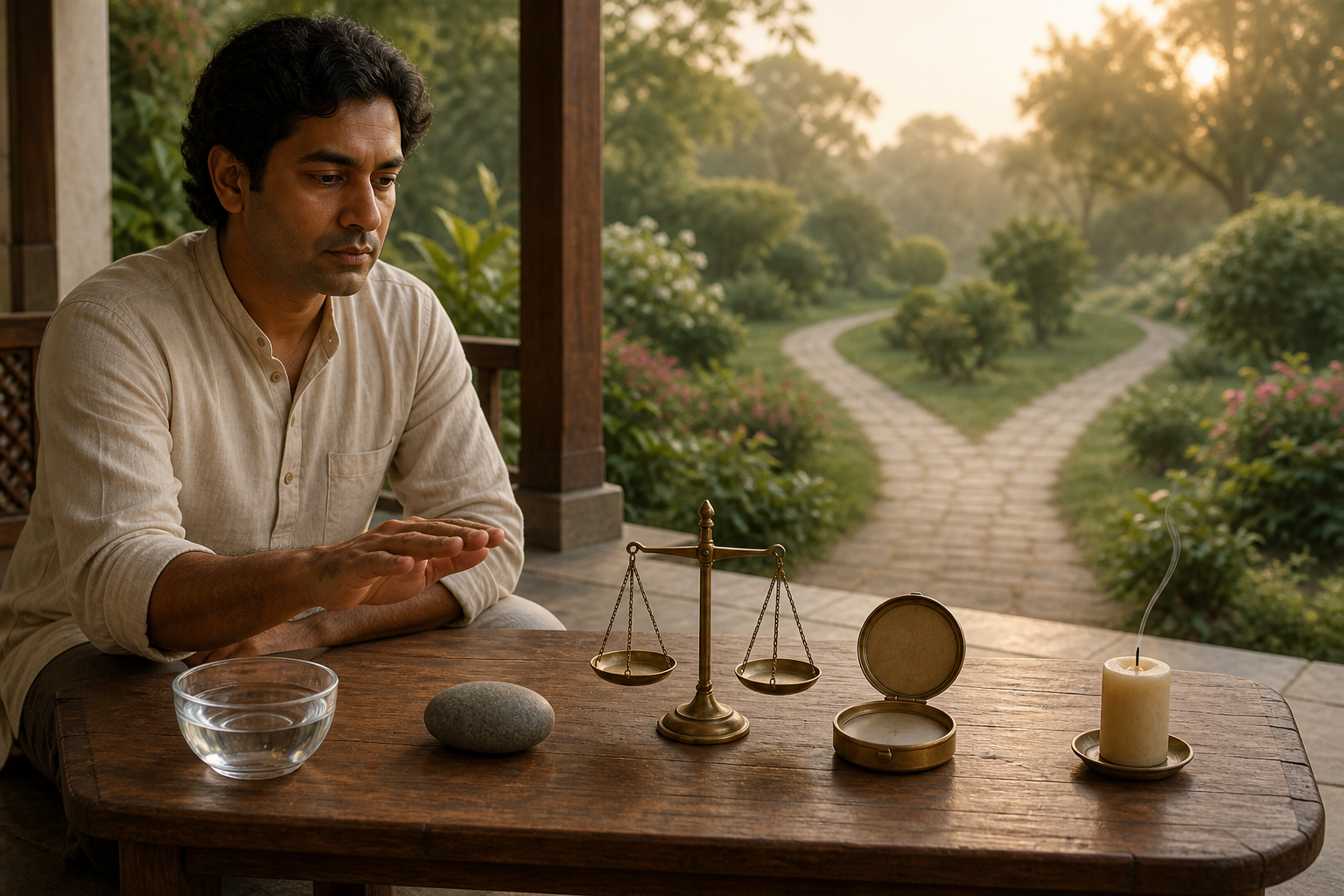 A seated person pauses before five unmarked objects arranged on a table, with two garden paths visible beyond the veranda.