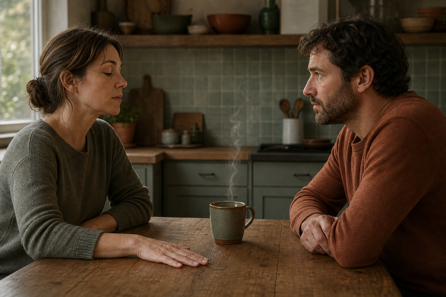 Two adults sit at a kitchen table as one pauses with closed lips and an open hand before responding.