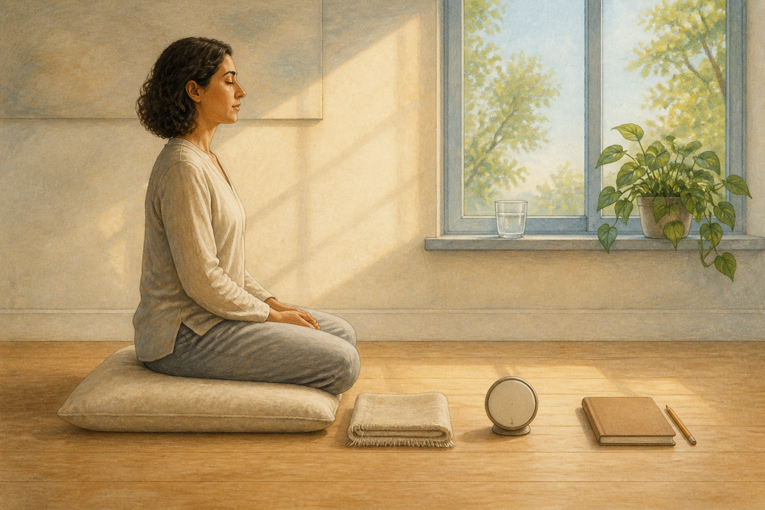 An adult sits on a plain meditation cushion in a quiet room beside a folded shawl, a blank-faced timer, a closed notebook, and a cup of water.