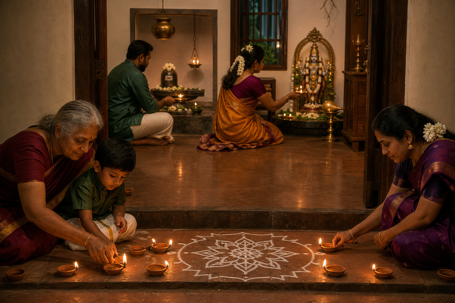 A Tamil family lights clay lamps at home beside two separate worship areas prepared with Shaiva and Vaishnava offerings.