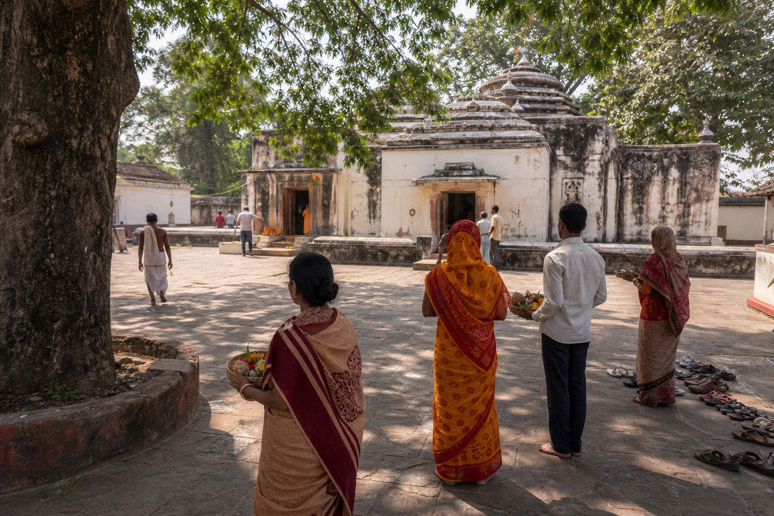 A small number of pilgrims wait with offerings in the quiet outer courtyard of Dhabaleswar Temple.