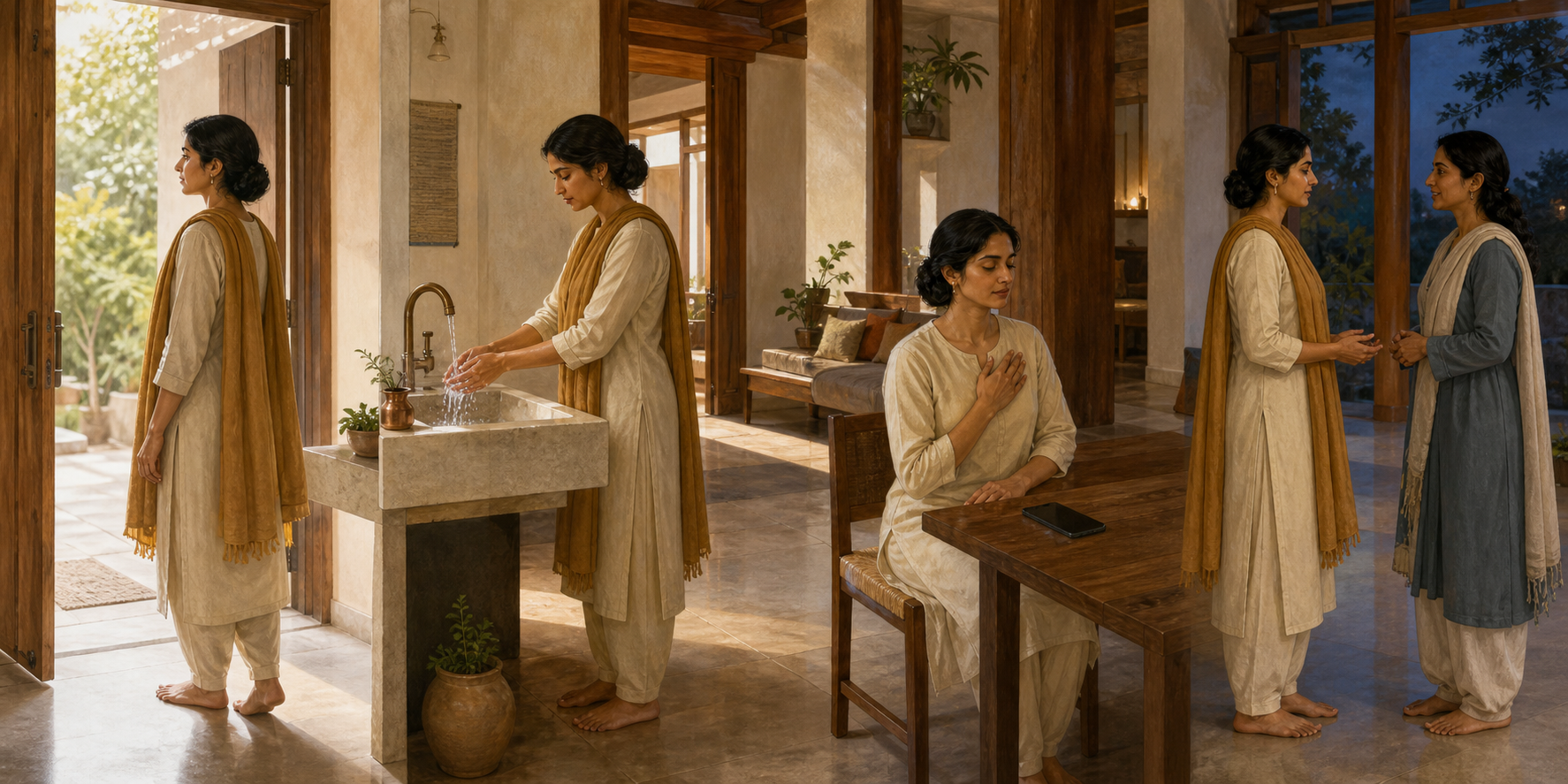 The same person appears across a continuous home interior, pausing at a doorway, washing their hands, touching their heart beside a phone, and calmly meeting another person.