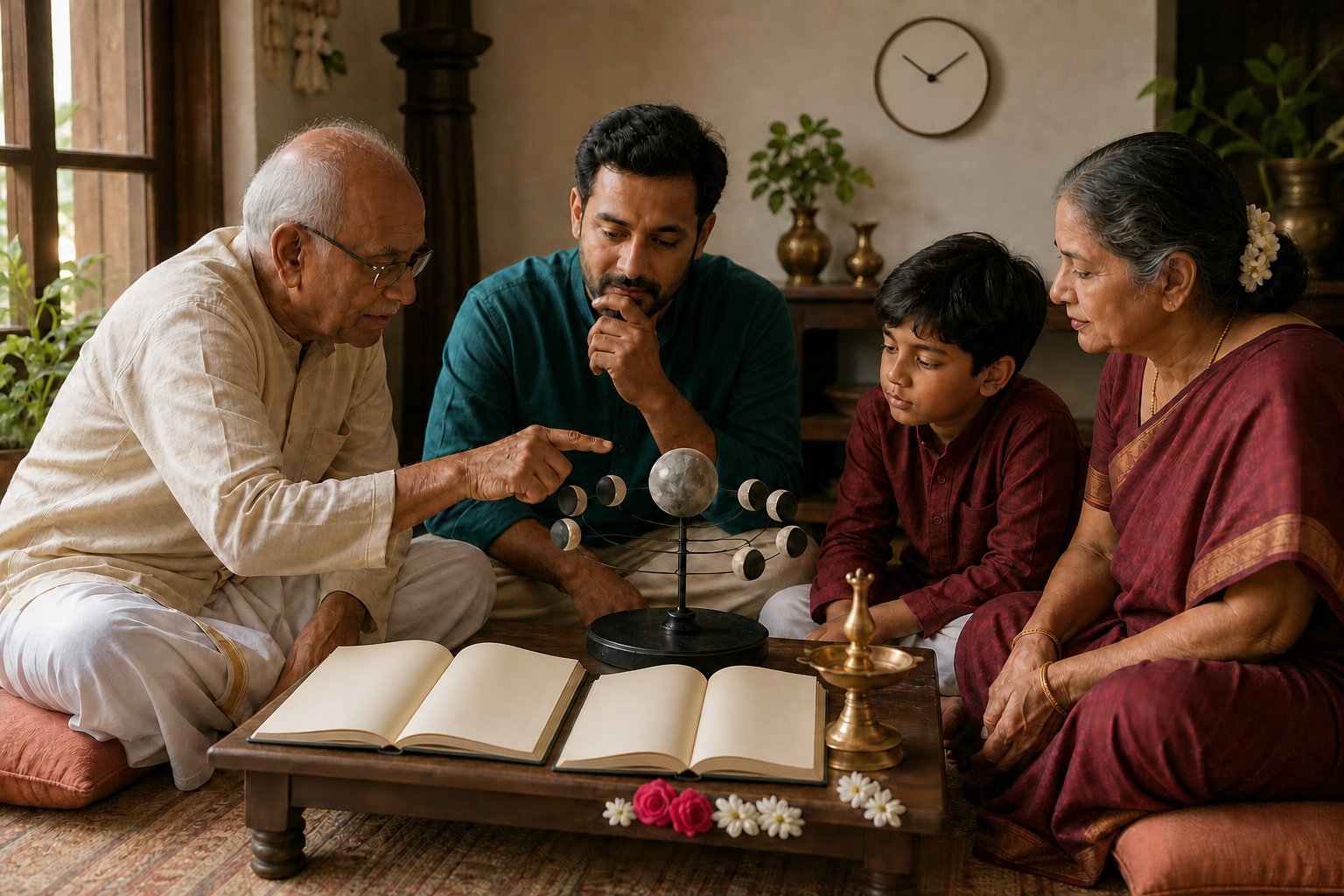 Three generations of a family compare blank almanacs and a lunar phase model while planning a household observance.