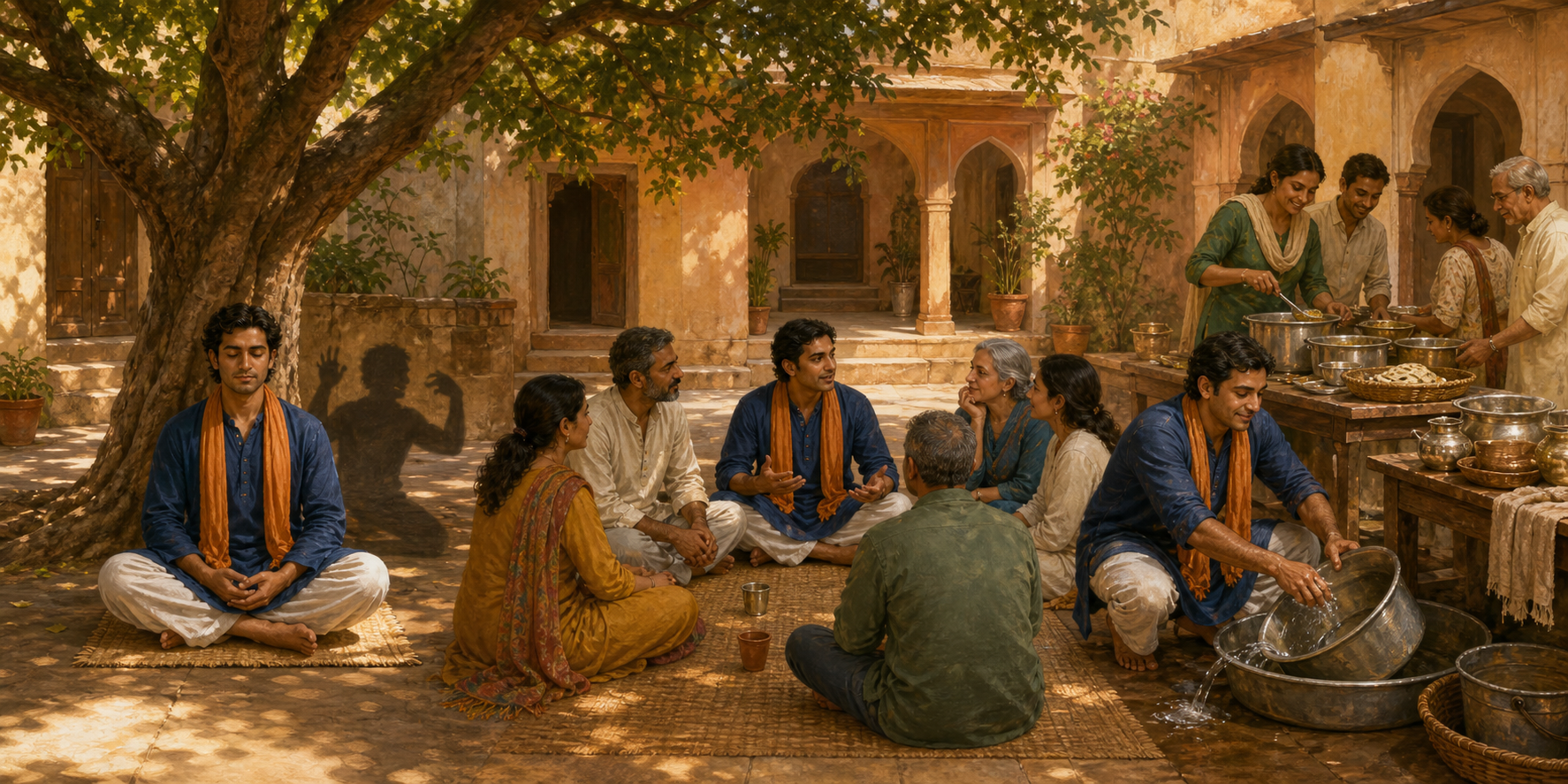 One person appears meditating beneath a tree, listening in a seated circle, and cleaning during a shared community meal in a continuous courtyard scene.