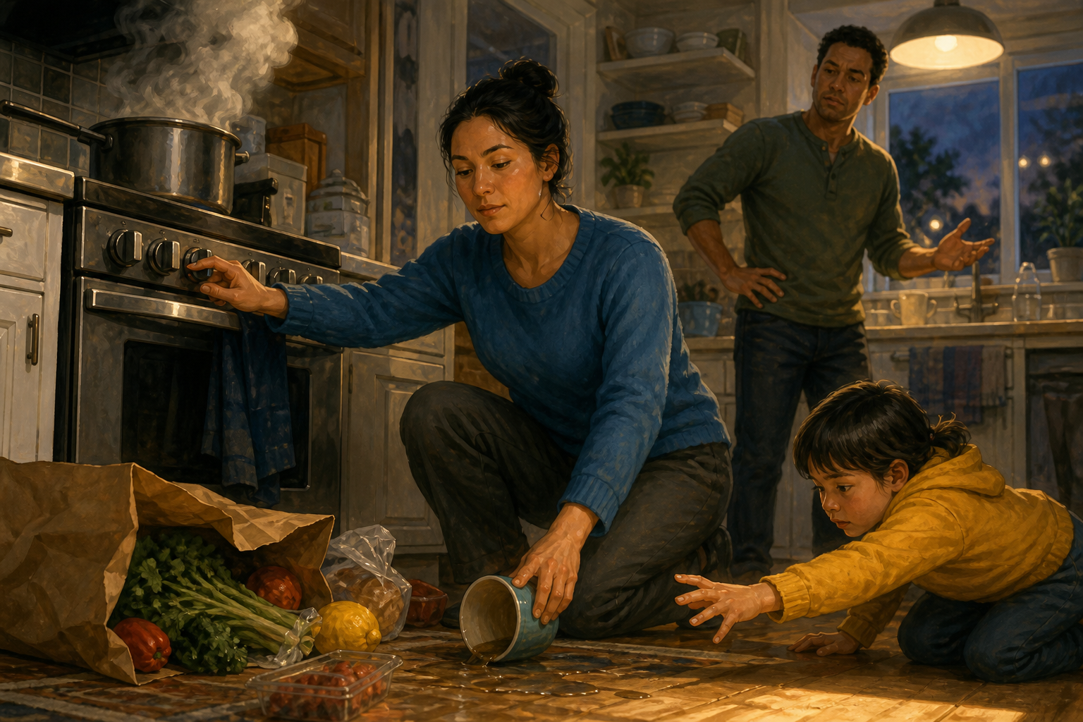 An adult calmly turns down a steaming stove and steadies a fallen cup while a child and another adult react in a busy kitchen.