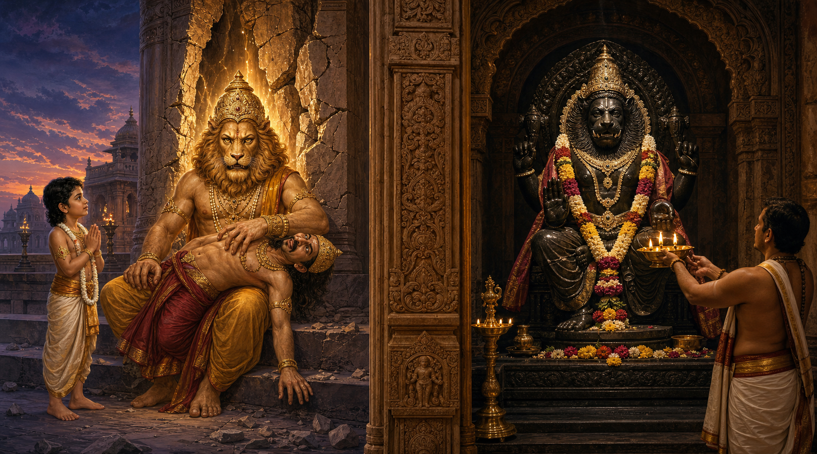 A diptych shows Narasimha protecting Prahlada beside a split pillar and, separately, devotees offering a lamp before a stone Ugra Narasimha murti.
