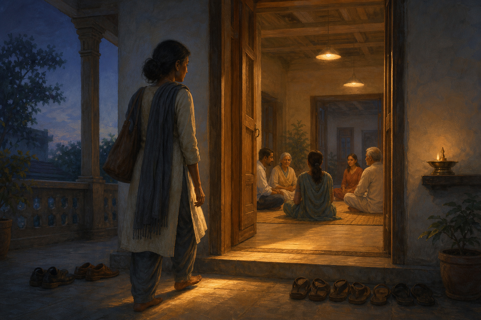 A hesitant adult steps from a blue dusk exterior into a warmly lit community hall where a small group is seated in a welcoming circle.