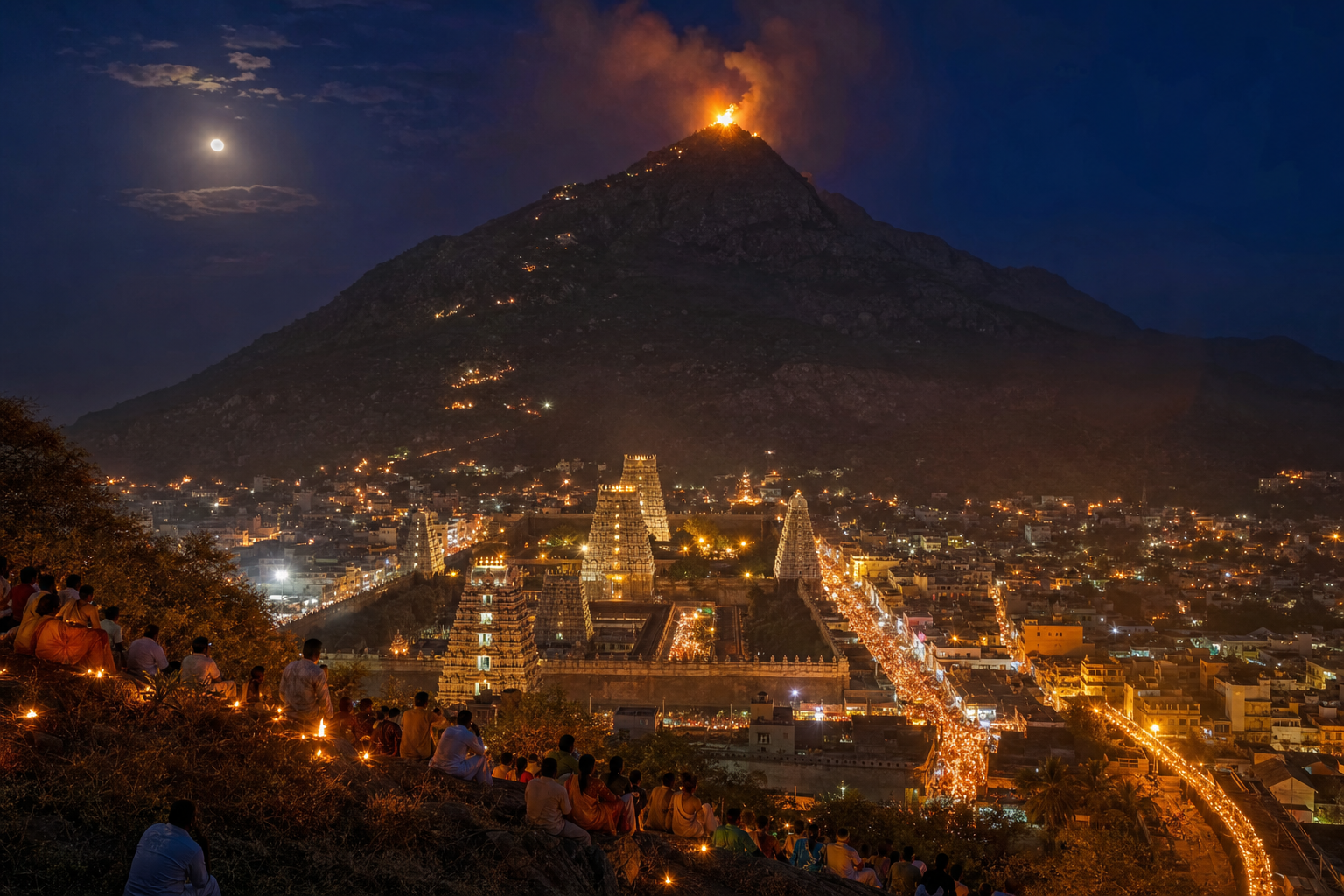 The great Karthigai beacon burns on Arunachala above the illuminated Arunachaleswarar temple and streams of pilgrims in Thiruvannamalai.
